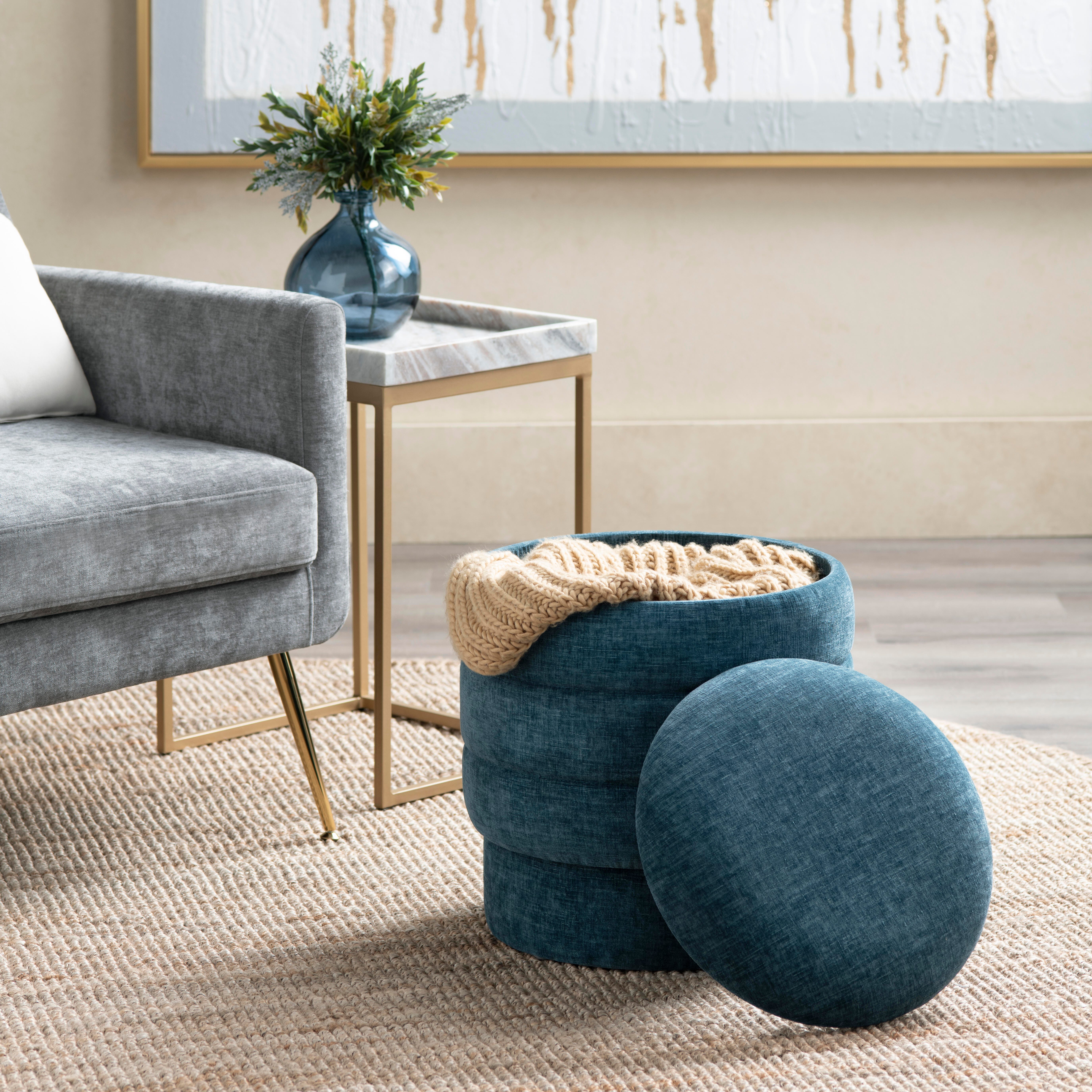 Evolution Stylish Round Ottoman with Storage, Navy, large