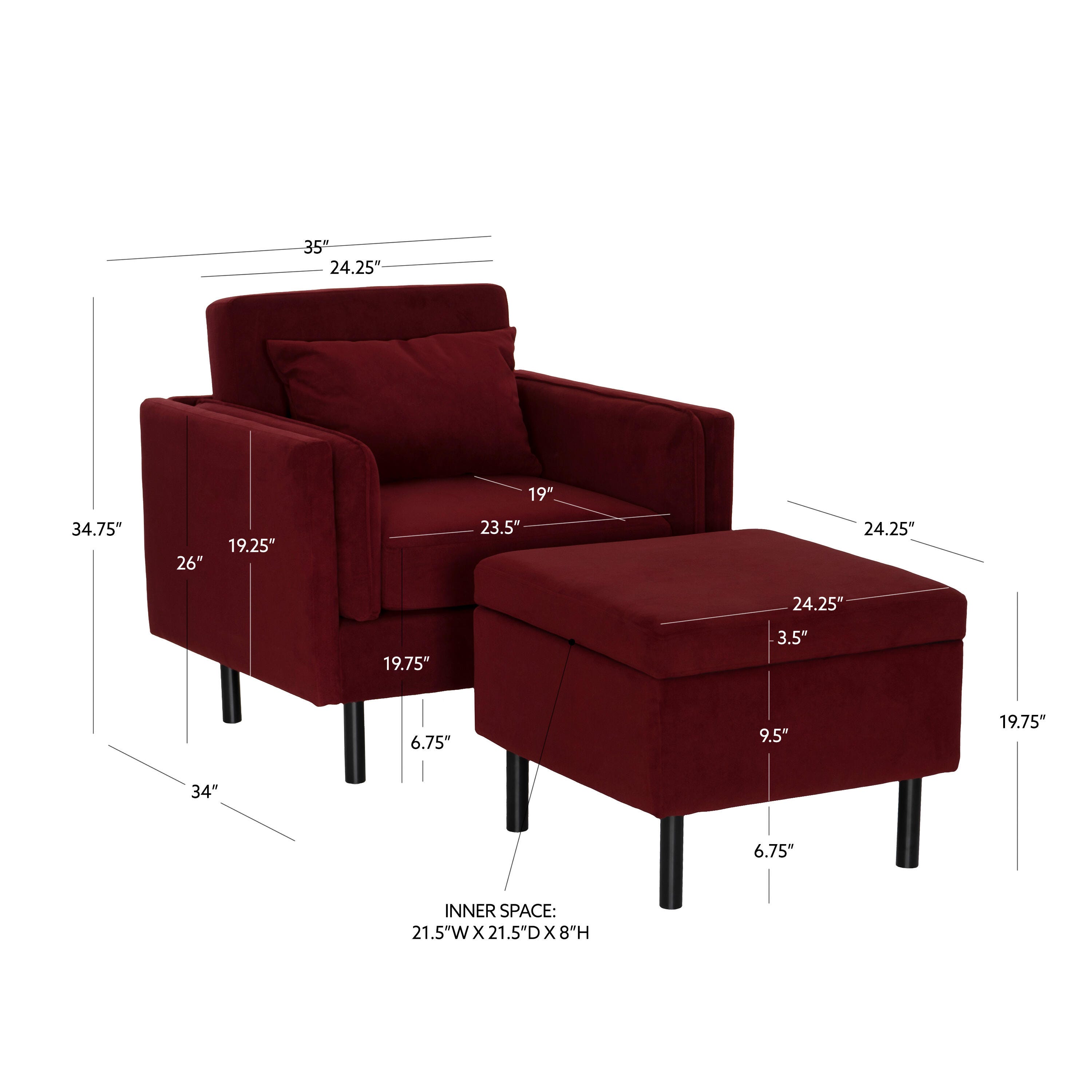 Linon Velvet Chair and Ottoman Set, , large