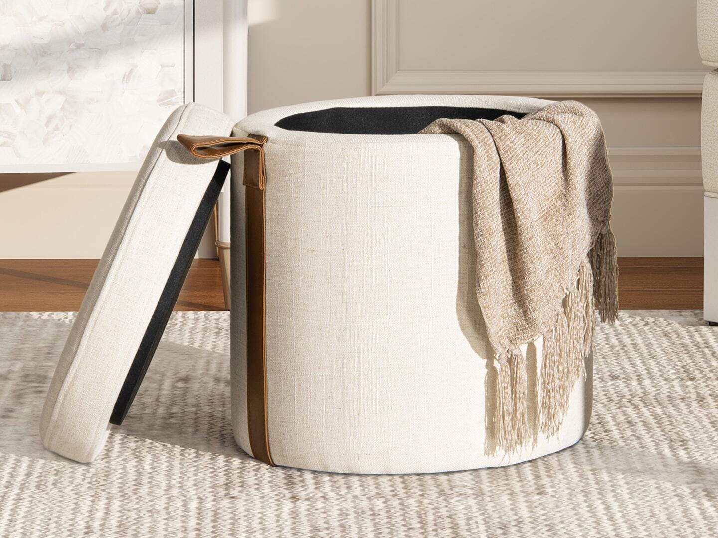 Jennifer Taylor Home Brandy Ottoman with Storage, Flax White, large