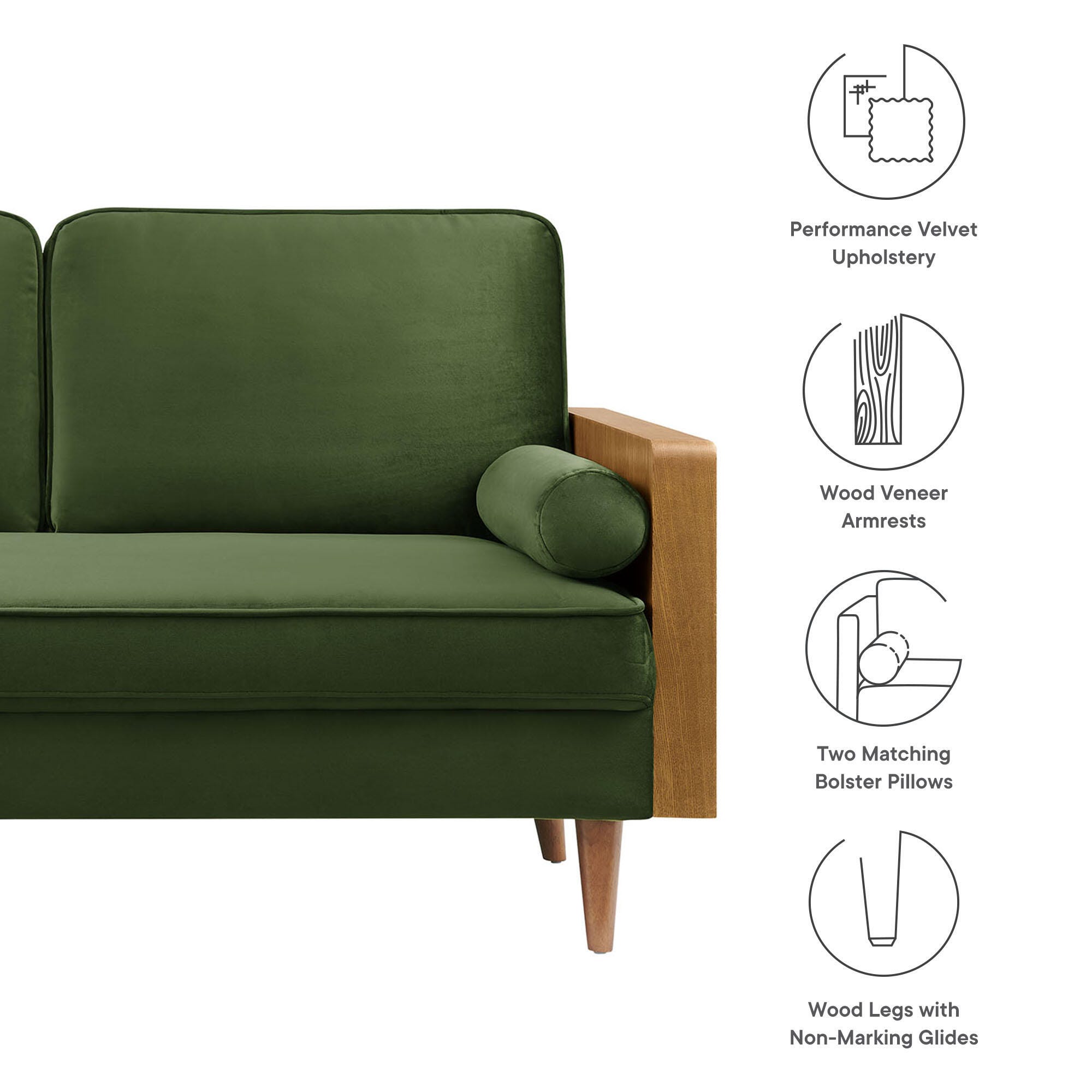 Modway Kellan Loveseat, Walnut/Moss Green, large