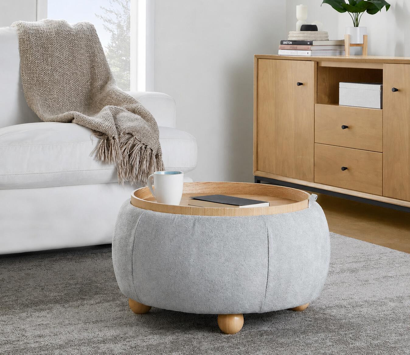 LumiSource Tray Storage Ottoman, Light Gray, rollover
