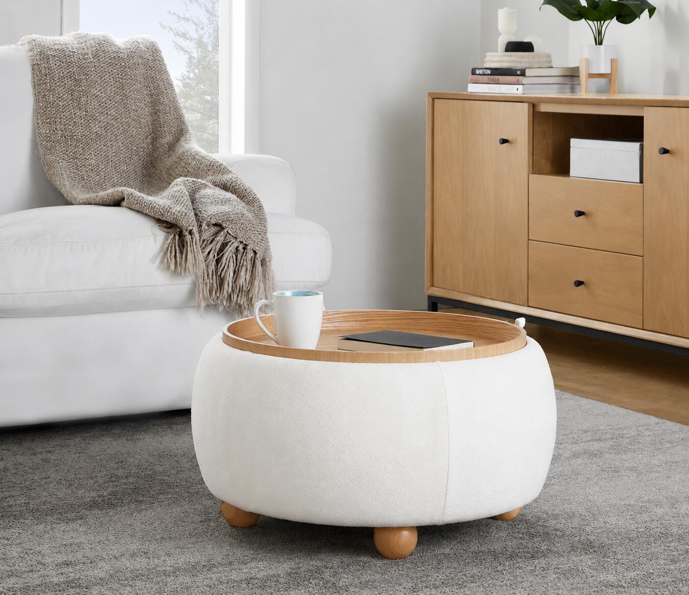LumiSource Tray Storage Ottoman, White, rollover
