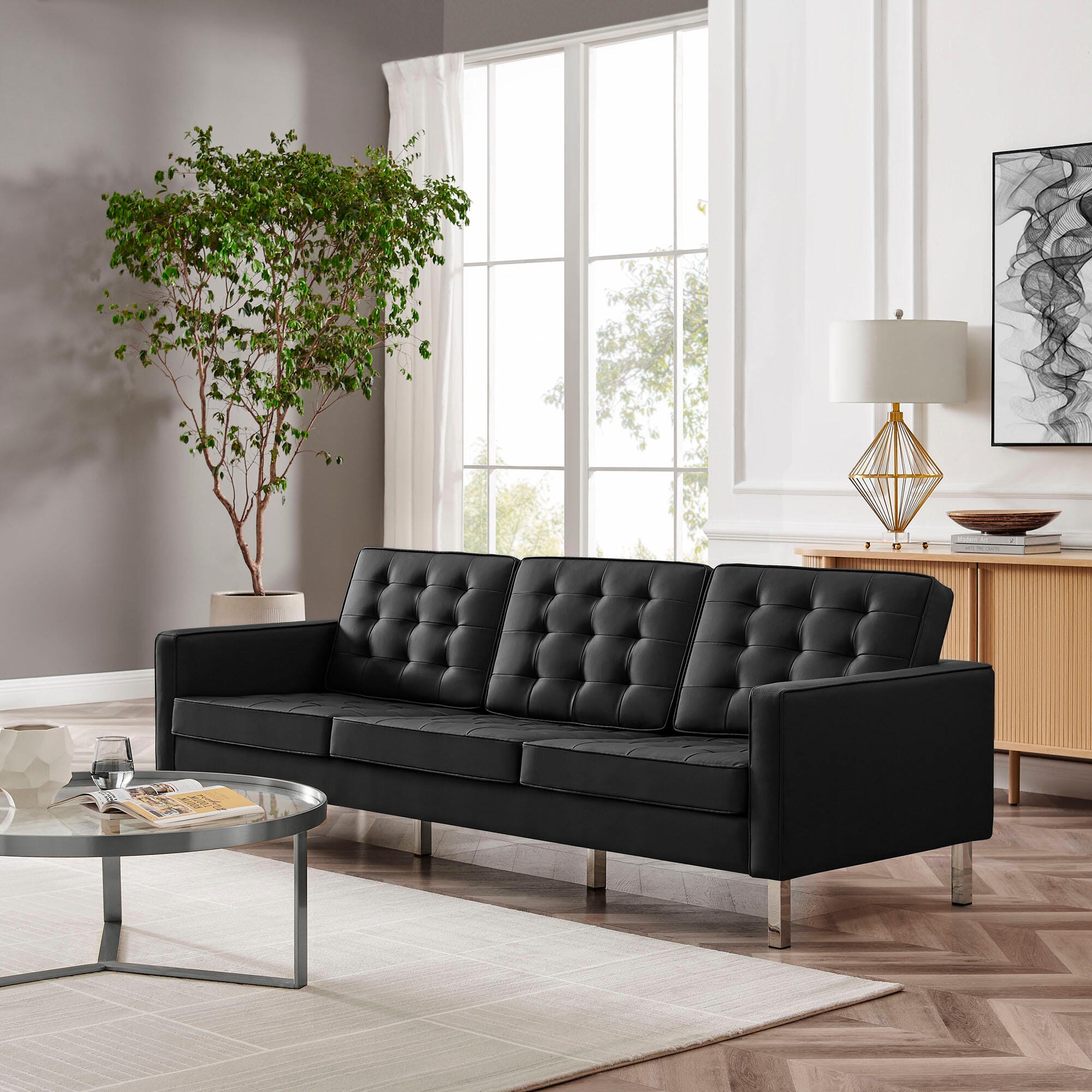 Modway Loft Leather Sofa, Silver/Black, rollover