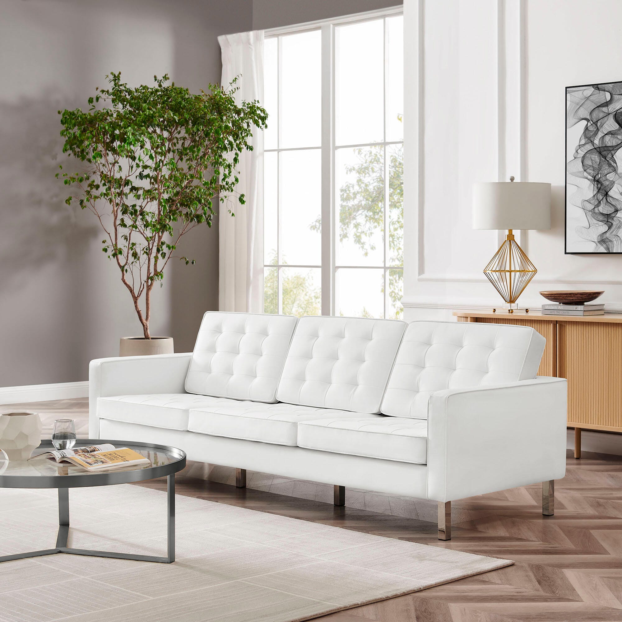 Modway Loft Leather Sofa, Silver/White, rollover