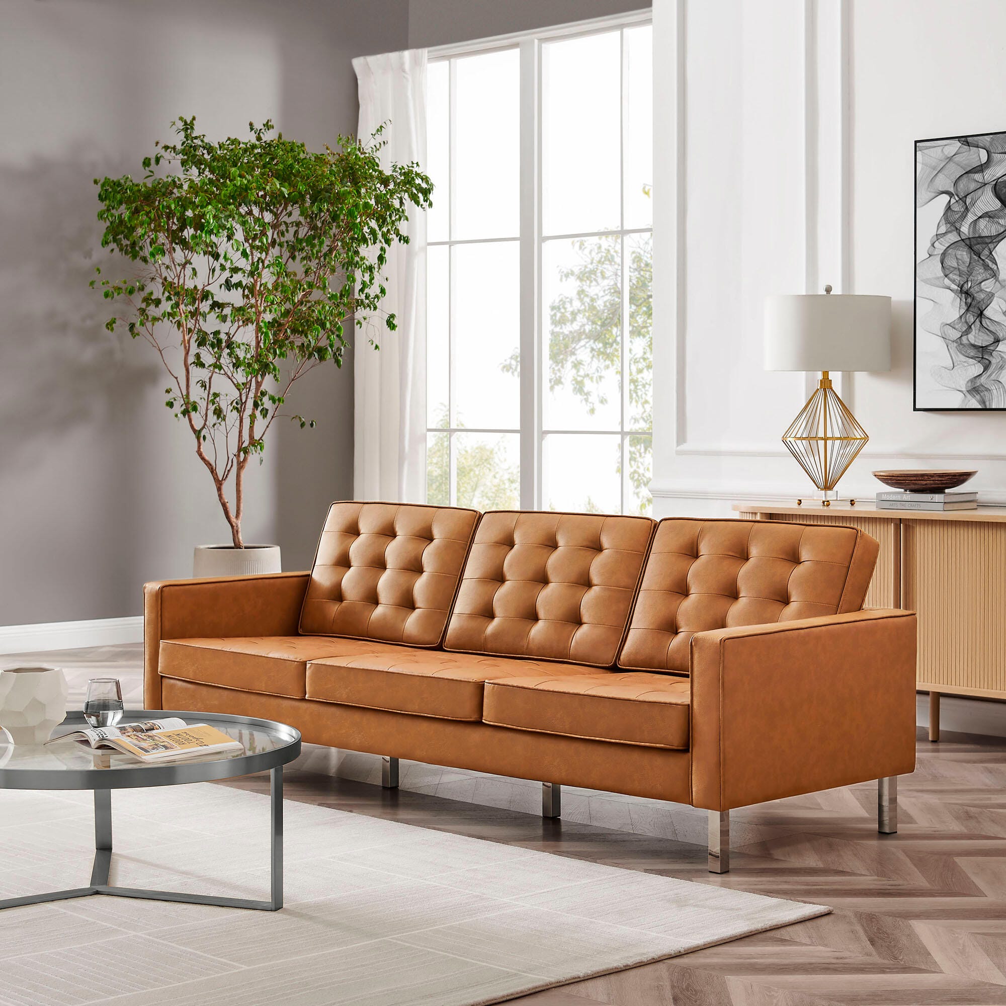 Modway Loft Leather Sofa, Silver/Tan, rollover