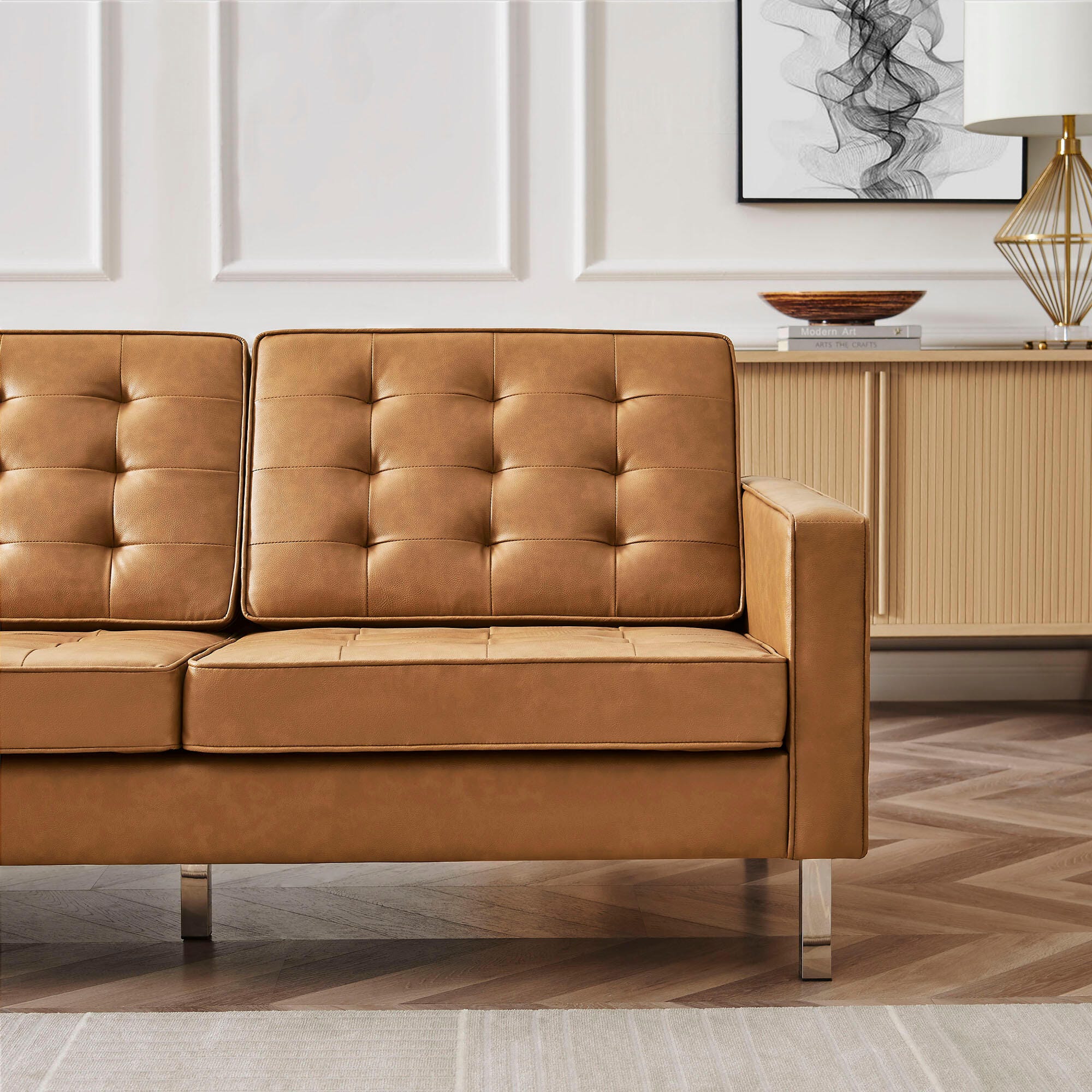 Modway Loft Leather Sofa, Silver/Tan, large