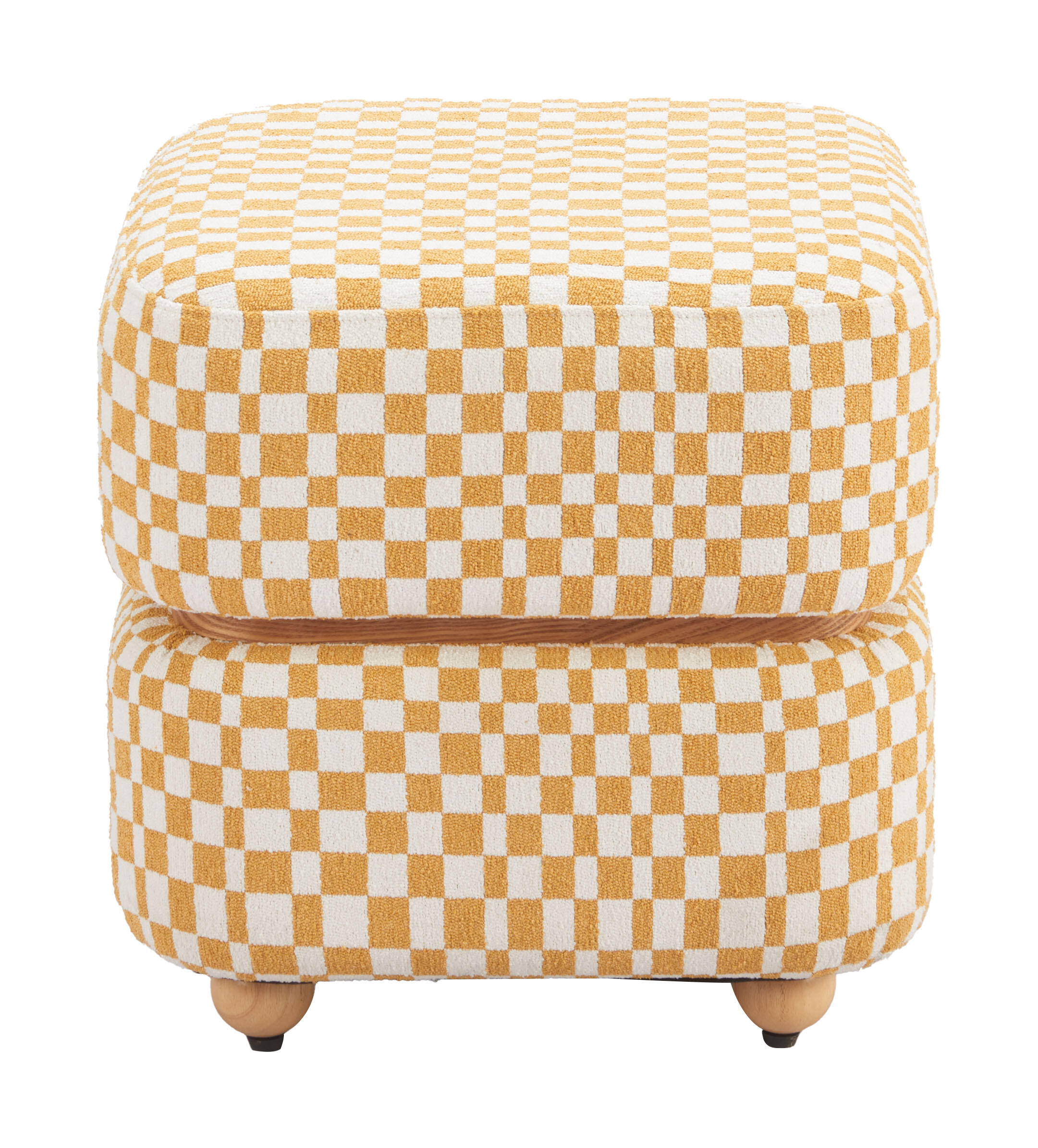 Full view of a yellow and white checkered ottoman set.