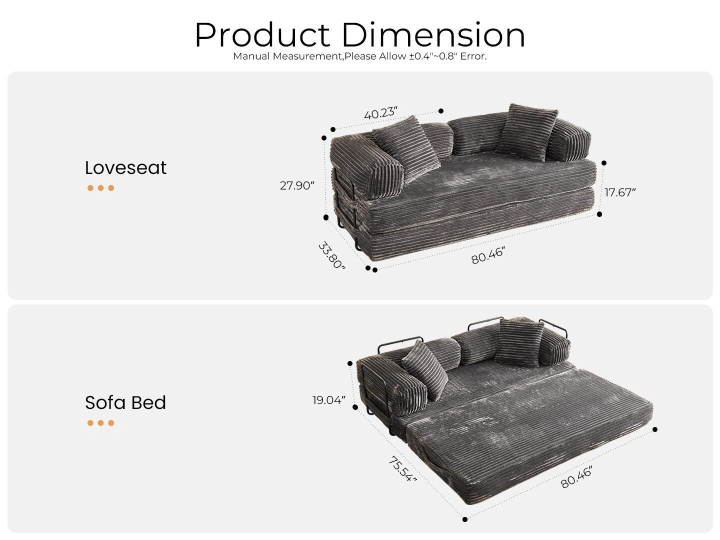 HOMLUX Convertible Full Sleeper Sofa, Gray, large