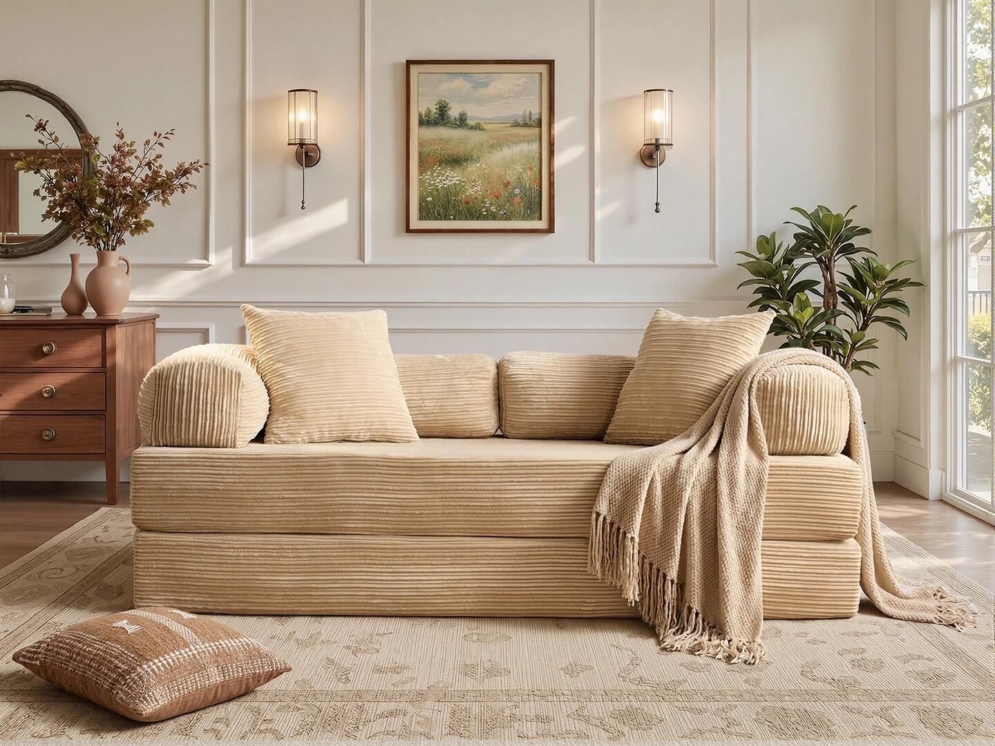 HOMLUX Convertible Full Sleeper Sofa, Beige, rollover