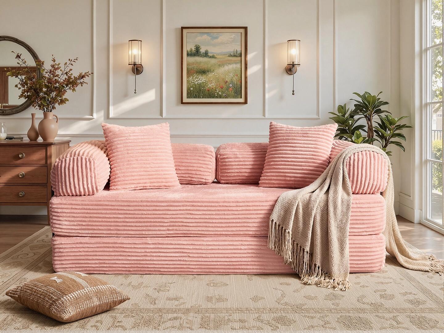 HOMLUX Convertible Full Sleeper Sofa, Pink, rollover