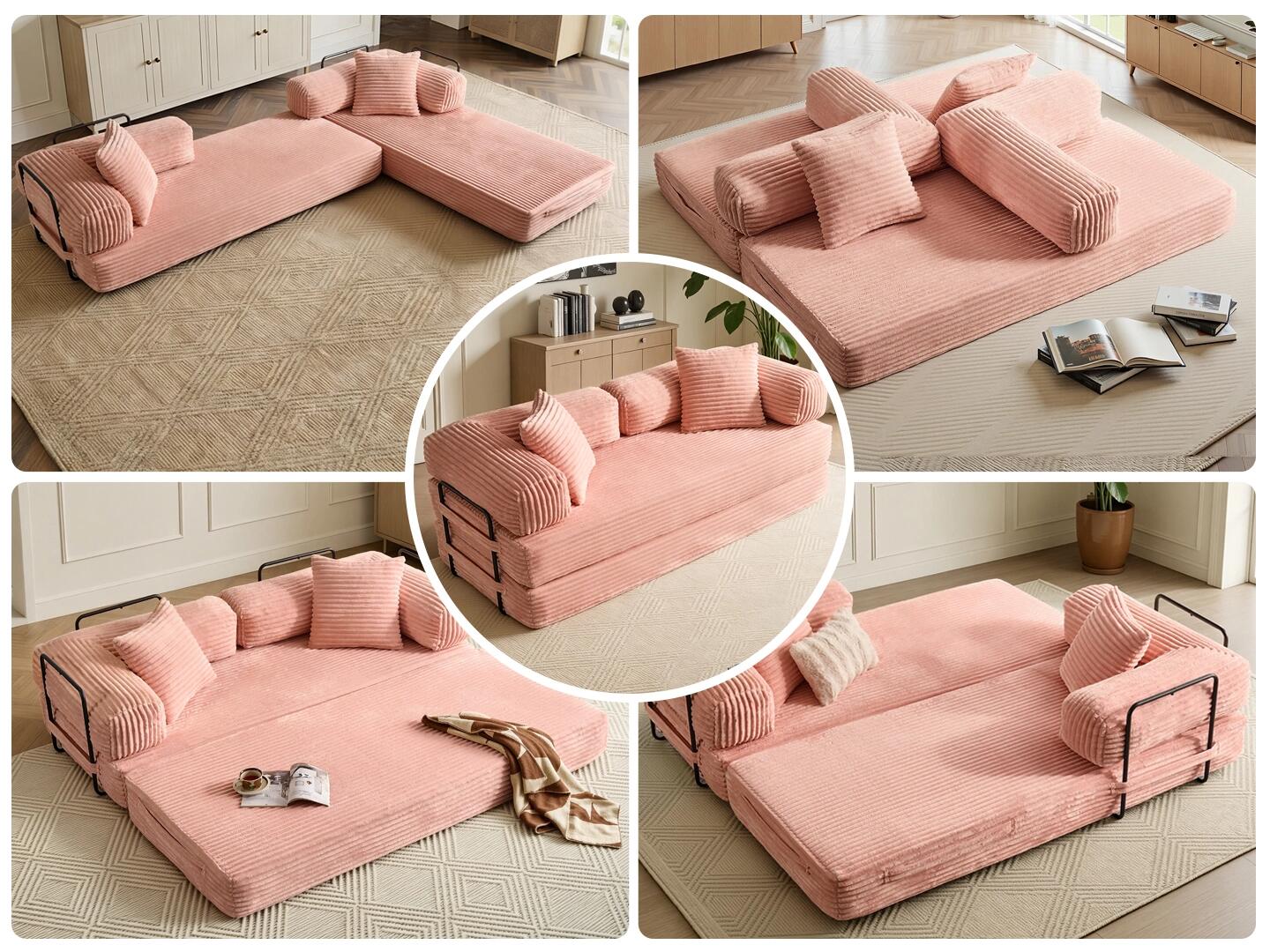 HOMLUX Convertible Full Sleeper Sofa, Pink, large