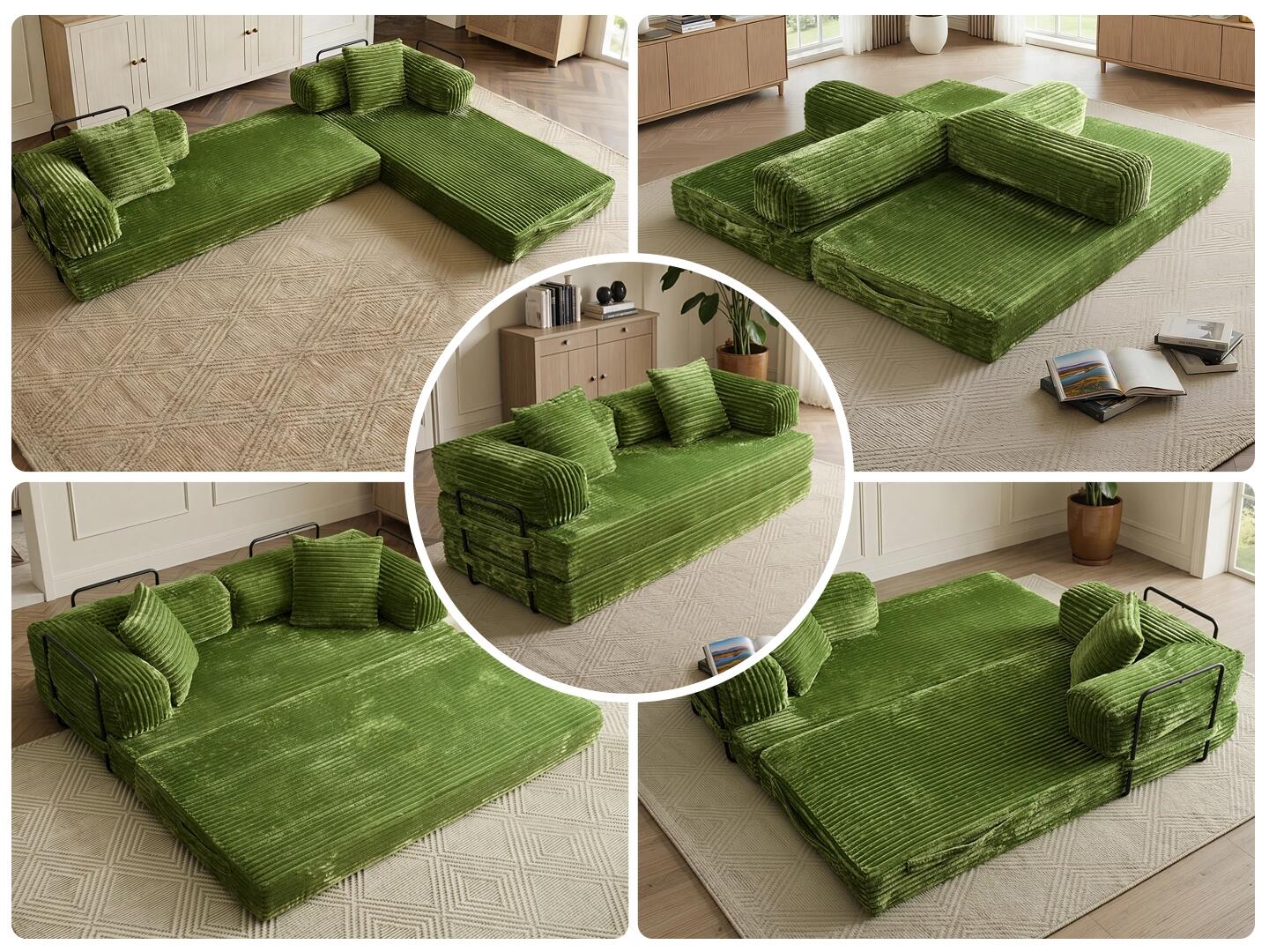 HOMLUX Convertible Full Sleeper Sofa, Green, large