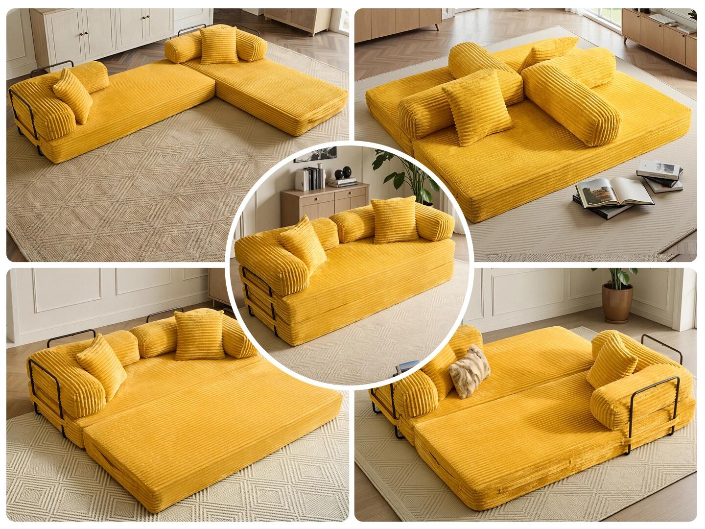 HOMLUX Convertible Full Sleeper Sofa, Yellow, large