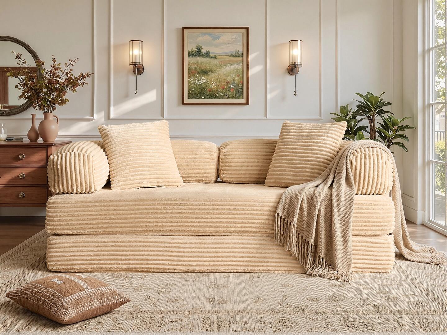 HOMLUX Convertible Full Sleeper Sofa, Tan, rollover