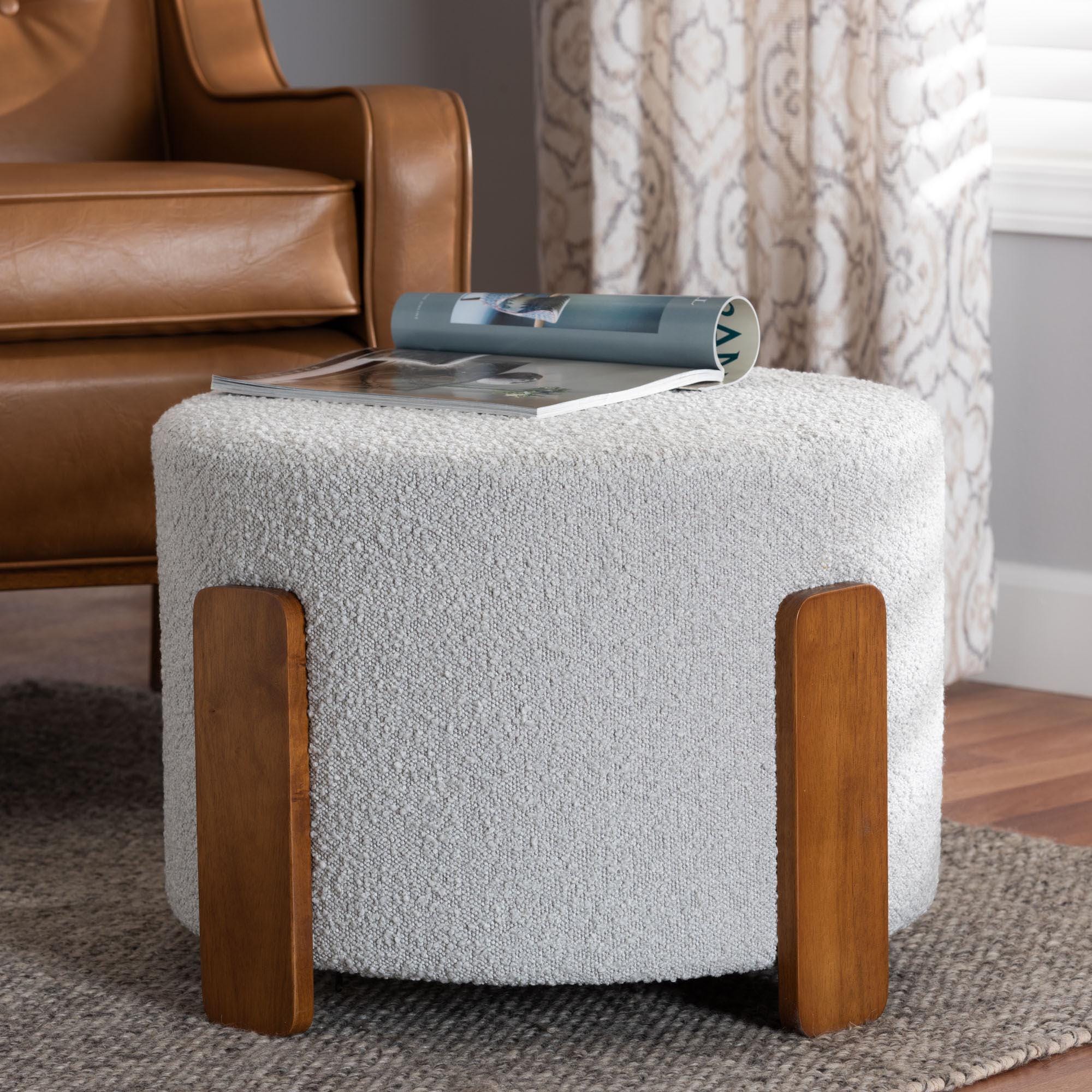 Baxton Studio Finlay Ottoman Footstool, Light Gray/Walnut Brown, rollover