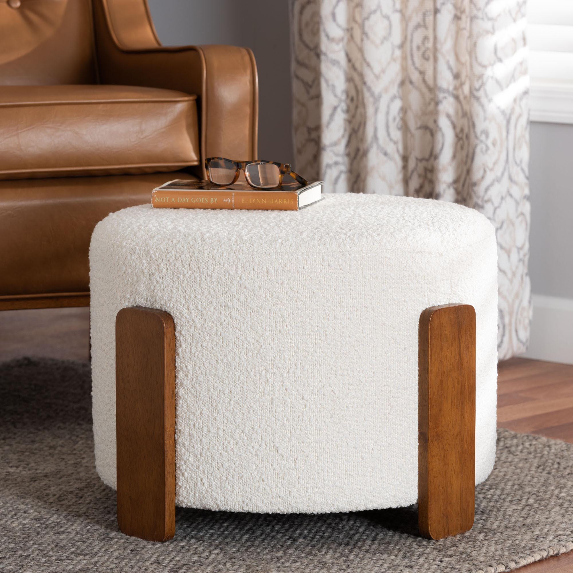 Baxton Studio Finlay Ottoman Footstool, Cream/Walnut Brown, rollover