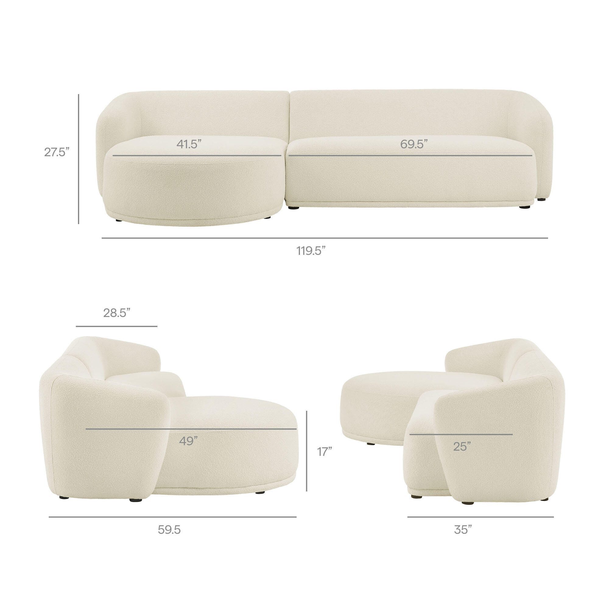 Modway Monica 2-Piece Sectional with Chaise, Cream, large