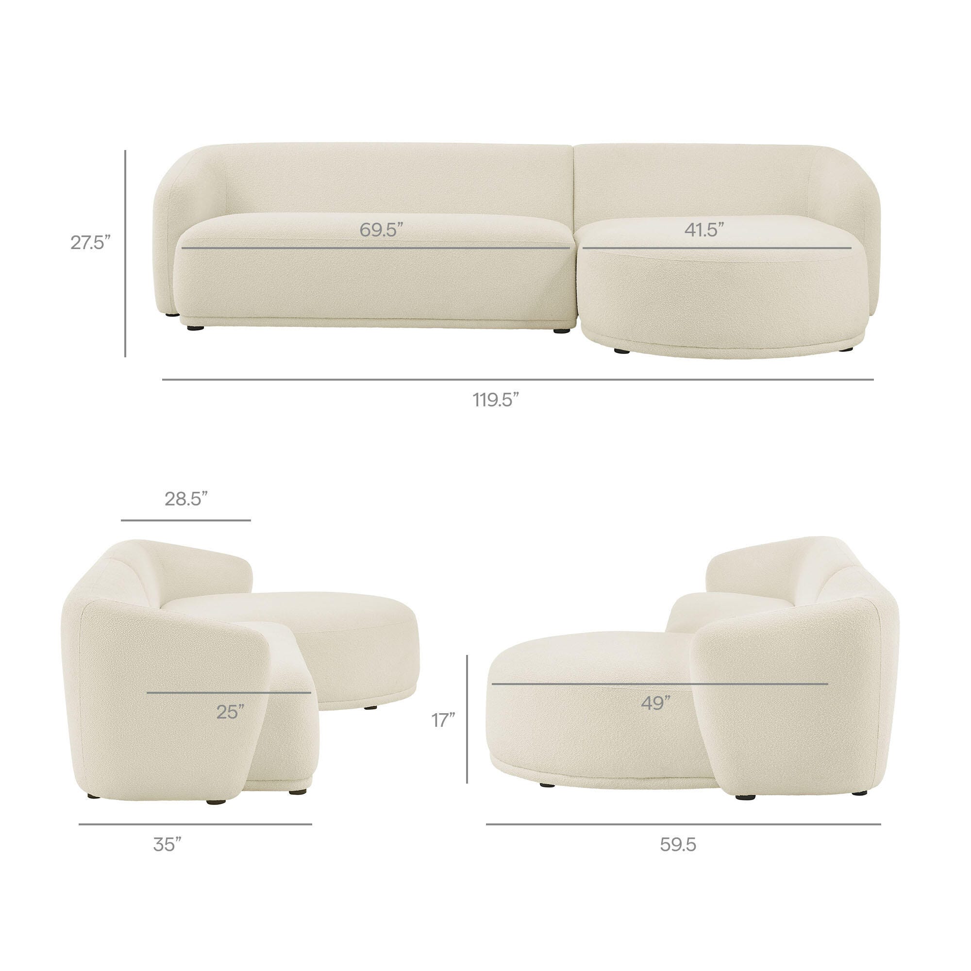 Modway Monica 2-Piece Sectional with Chaise, Cream, large