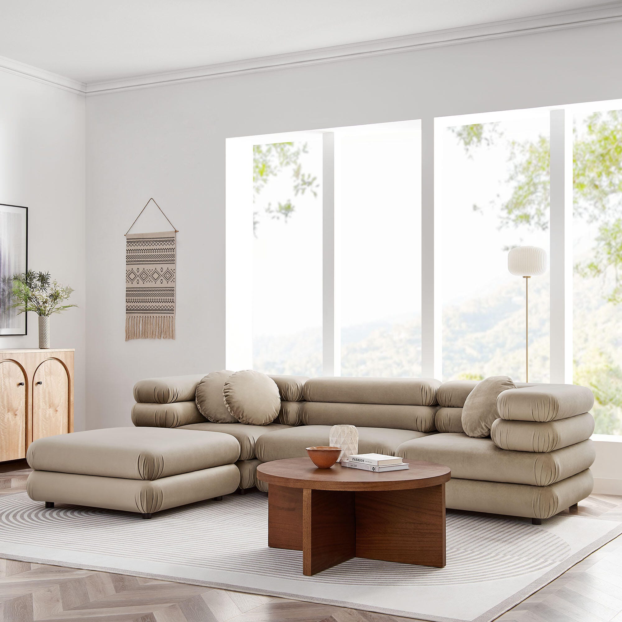 Modway Jubilee 4 Piece Modular Sofa with Ottoman, Taupe, rollover