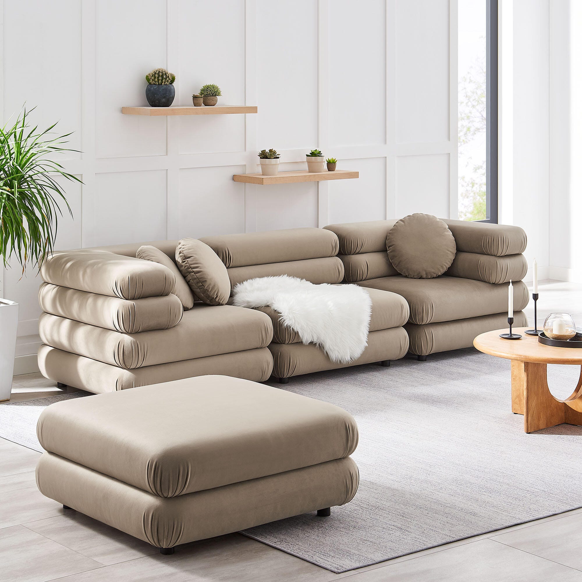 Modway Jubilee 4 Piece Modular Sofa with Ottoman, Taupe, large