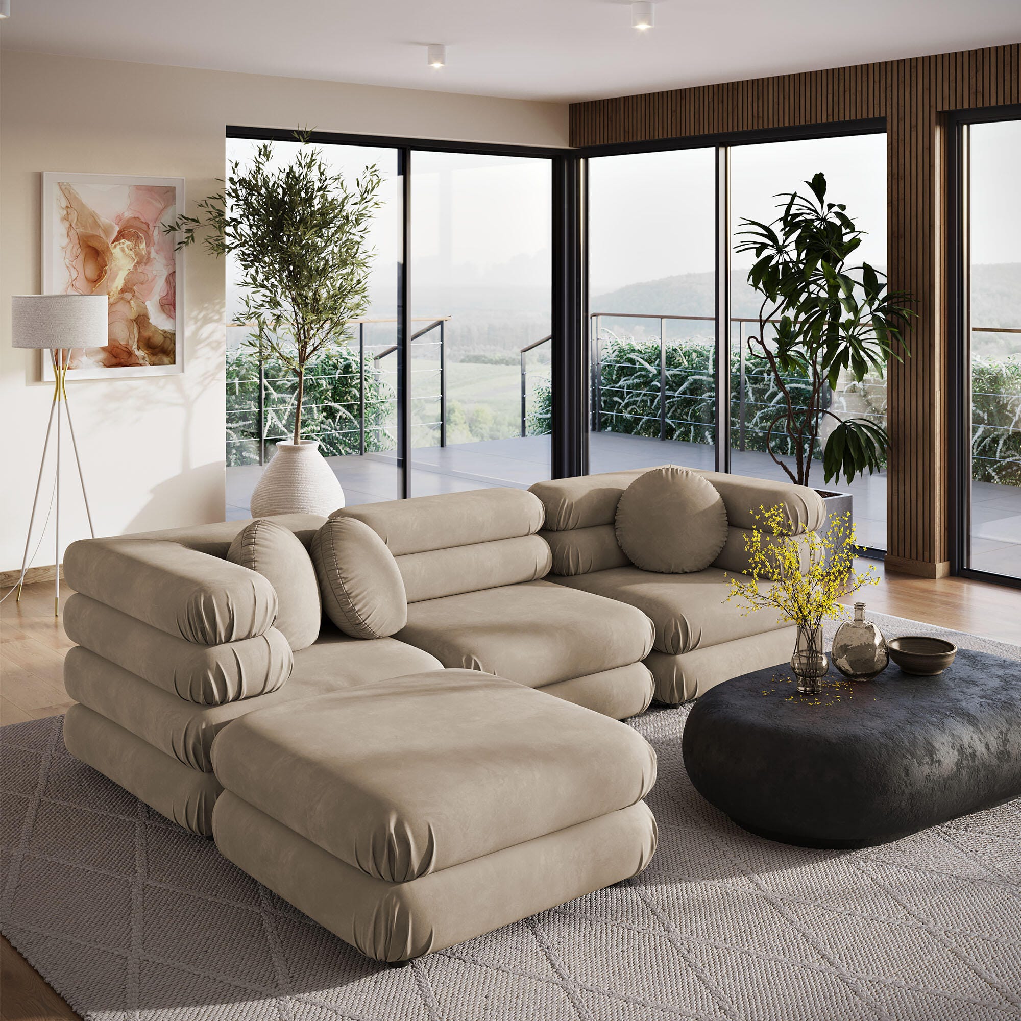 Modway Jubilee 4 Piece Modular Sofa with Ottoman, Taupe, large