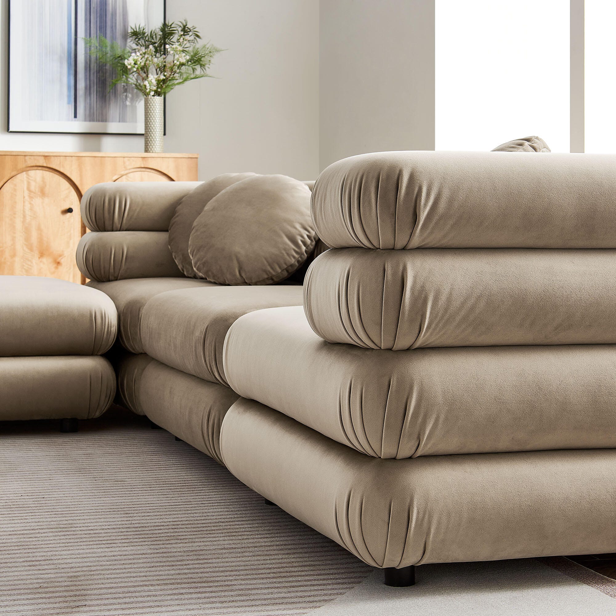 Modway Jubilee 4 Piece Modular Sofa with Ottoman, Taupe, large