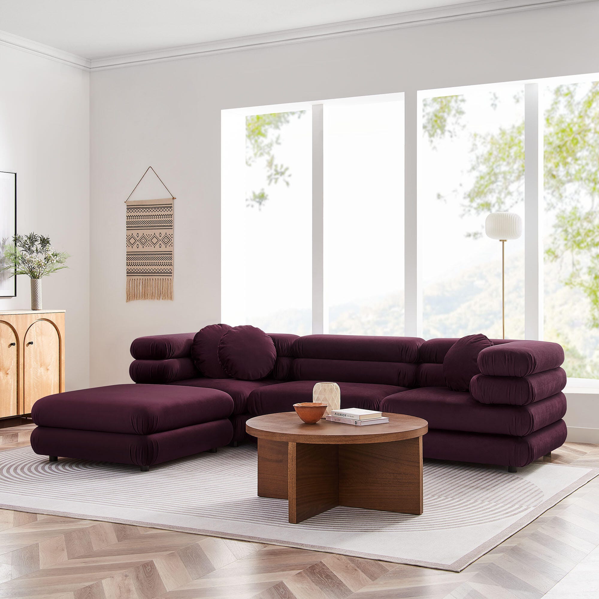 Modway Jubilee 4 Piece Modular Sofa with Ottoman, Mulberry, rollover