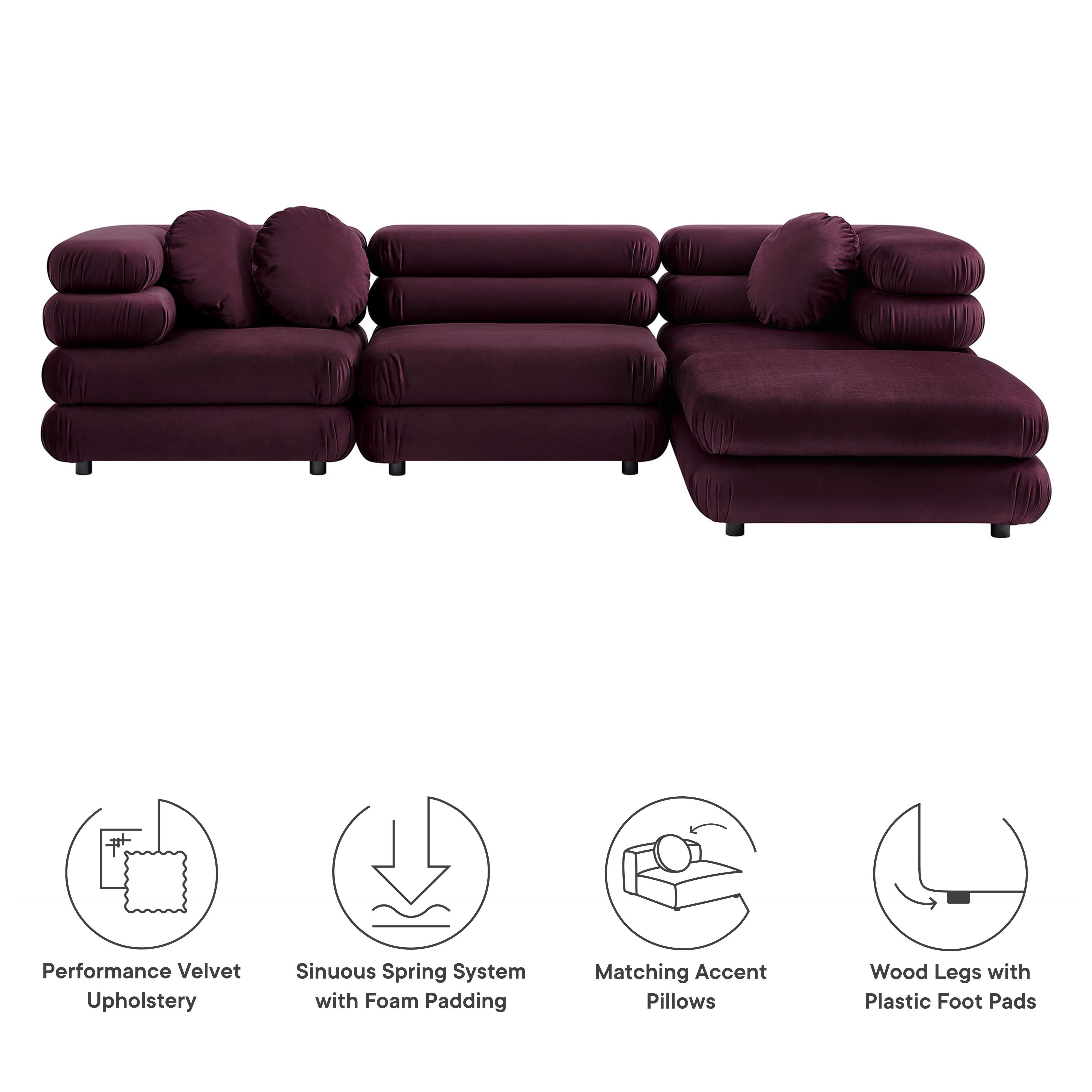 Modway Jubilee 4 Piece Modular Sofa with Ottoman, Mulberry, large