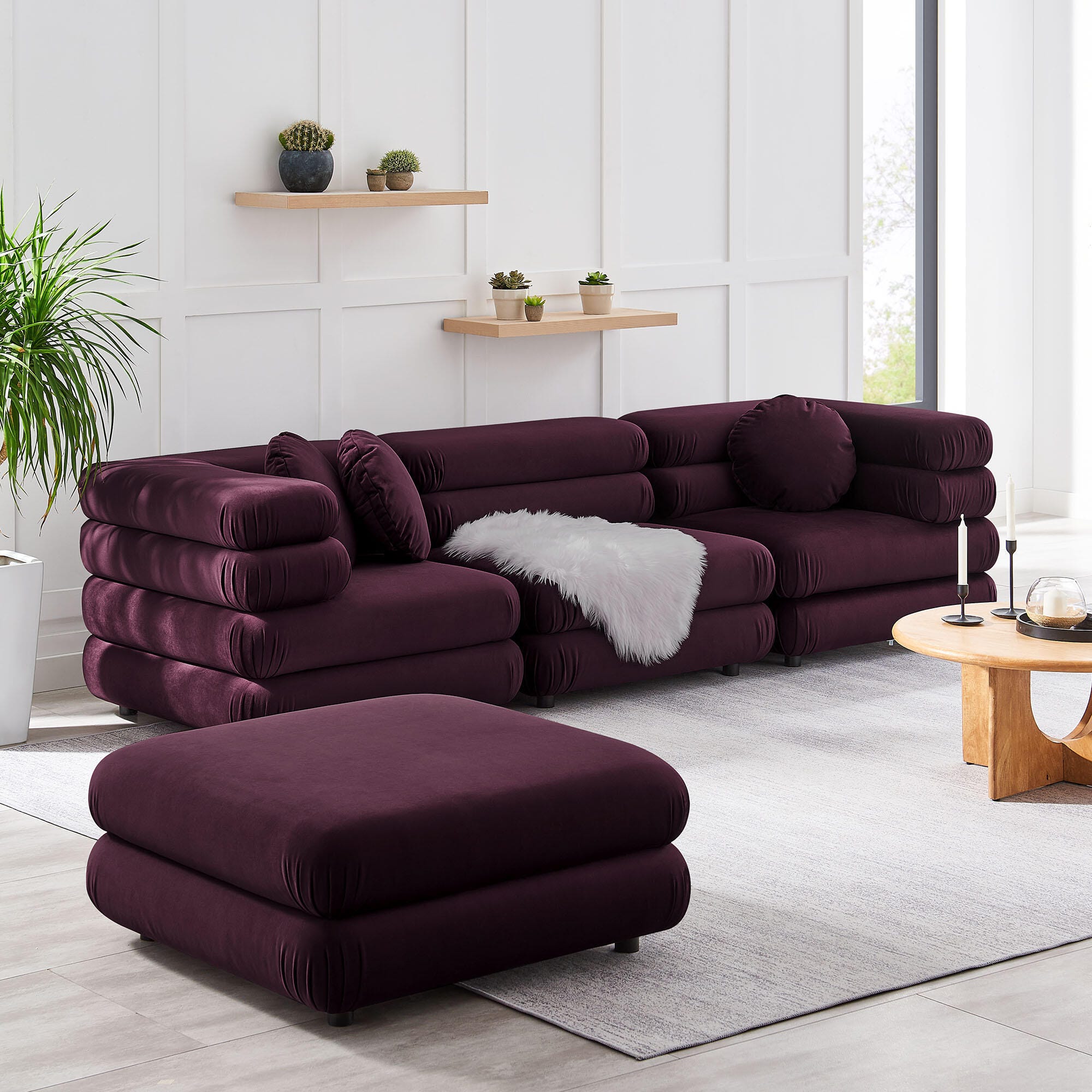 Modway Jubilee 4 Piece Modular Sofa with Ottoman, Mulberry, large