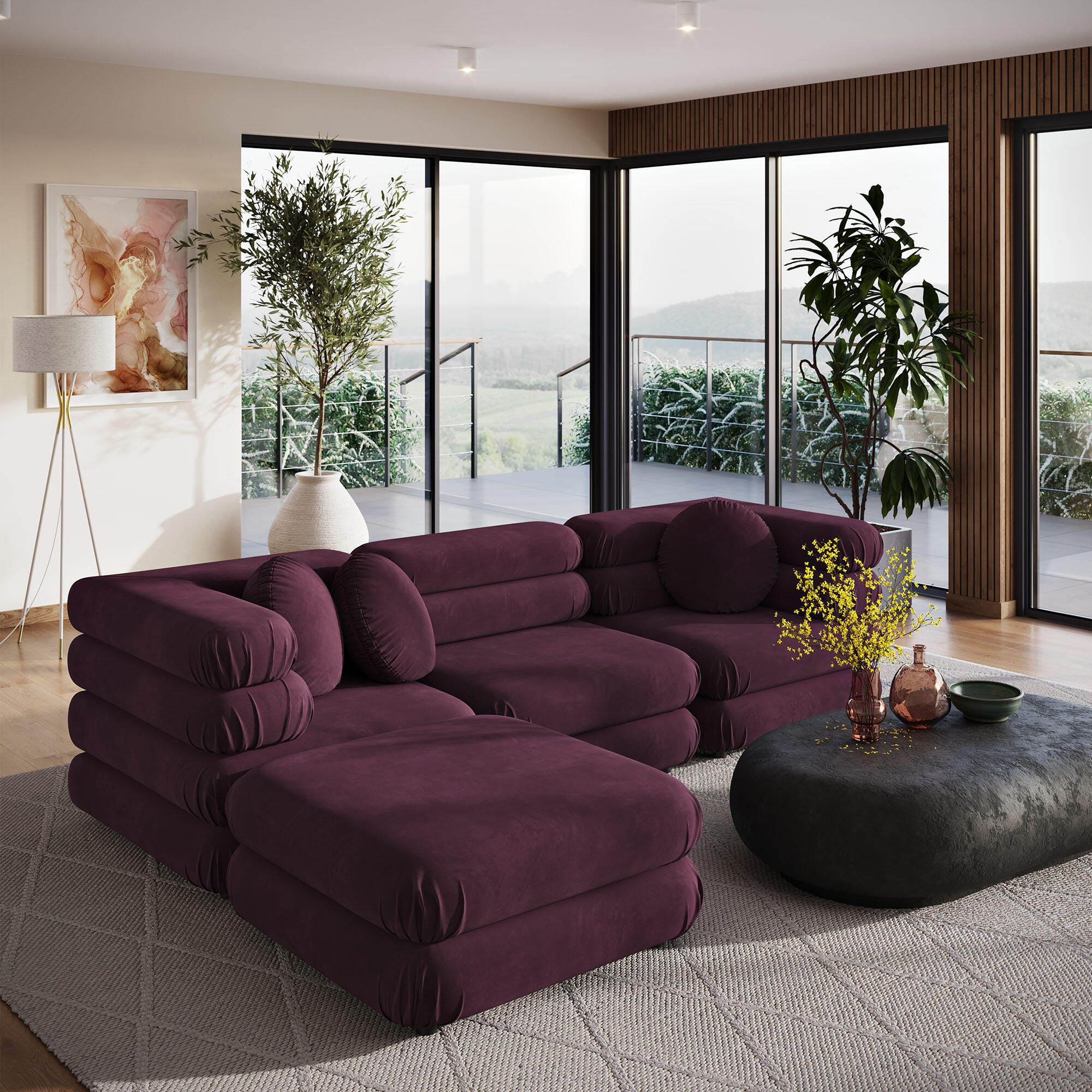 Modway Jubilee 4 Piece Modular Sofa with Ottoman, Mulberry, large