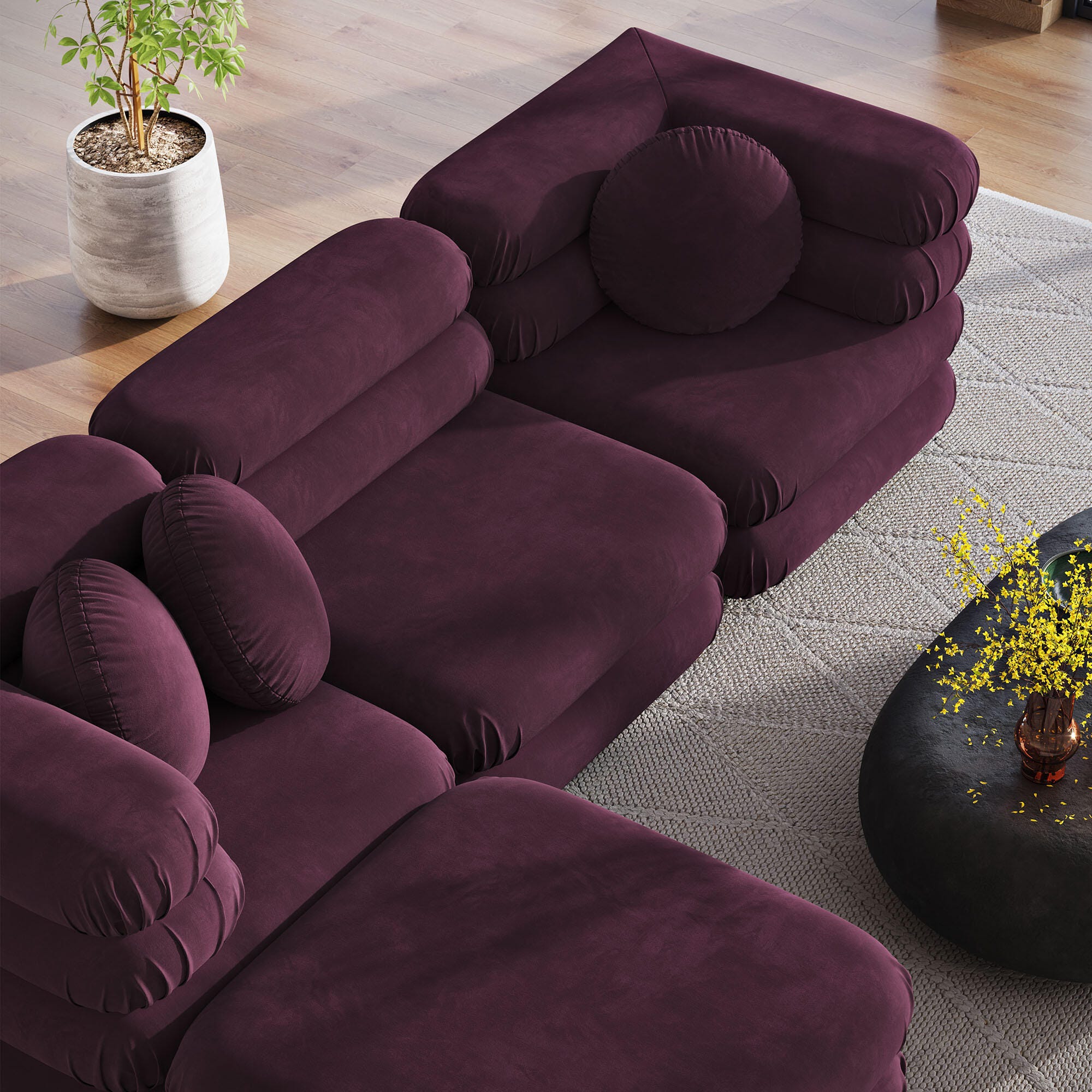 Modway Jubilee 4 Piece Modular Sofa with Ottoman, Mulberry, large