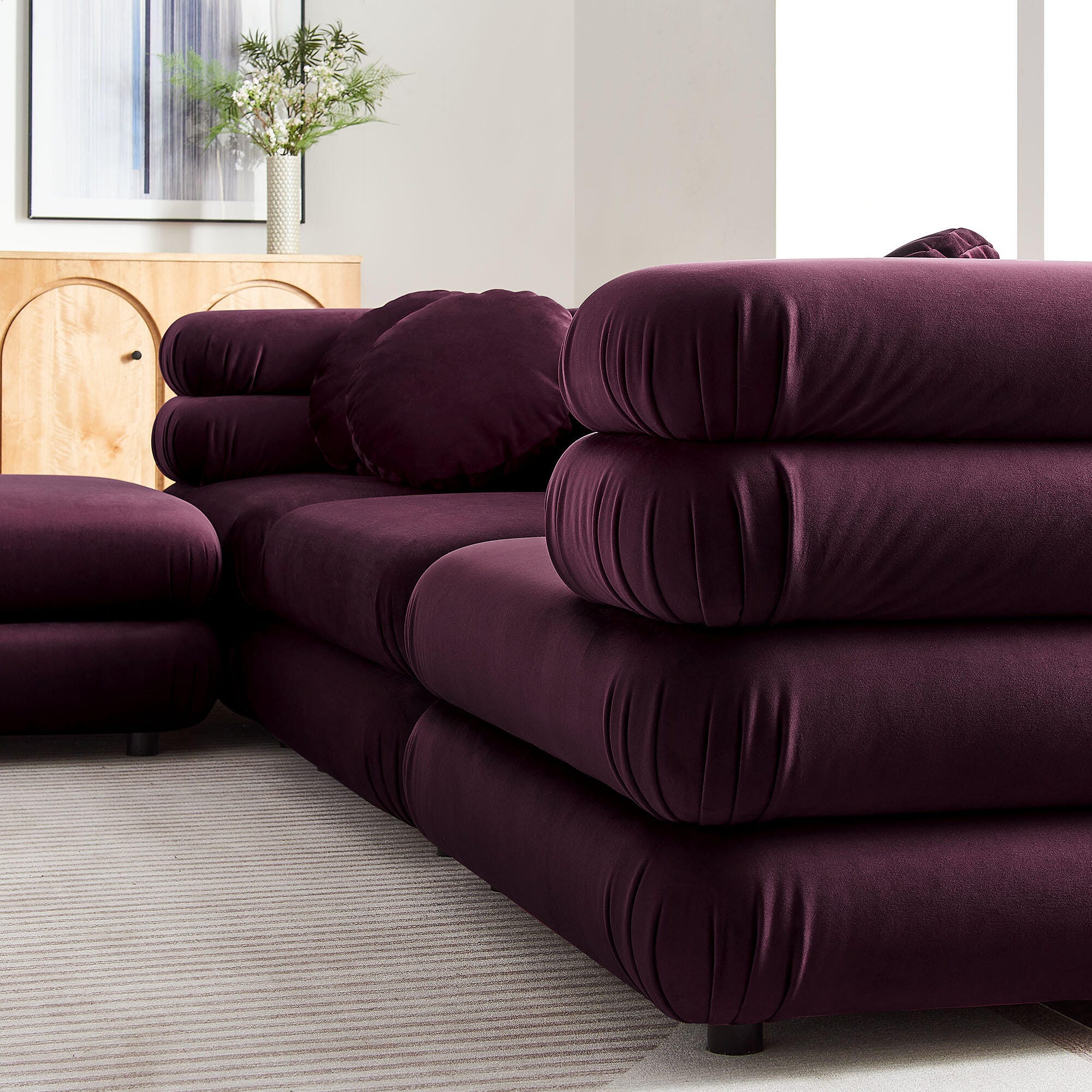 Modway Jubilee 4 Piece Modular Sofa with Ottoman, Mulberry, large