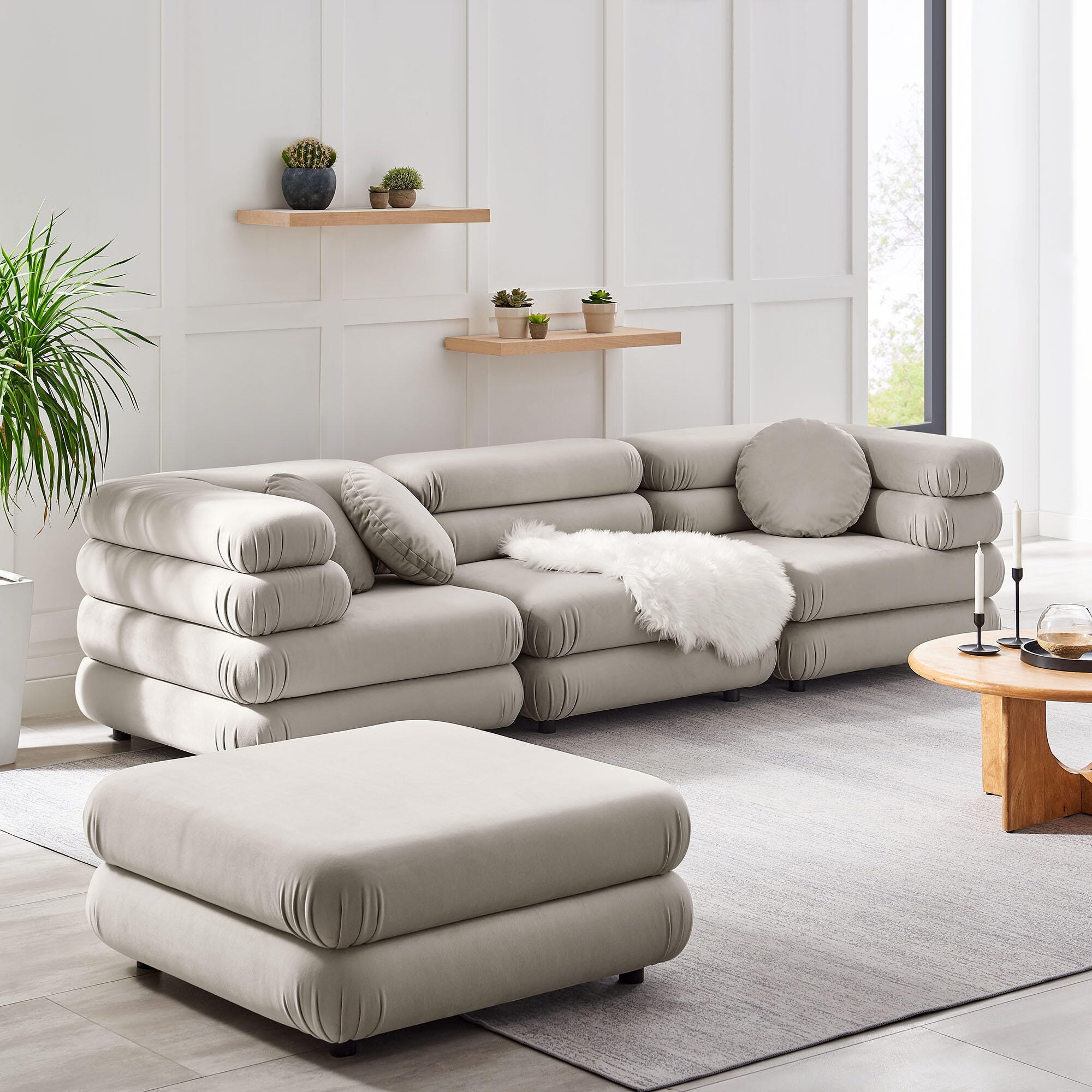 Modway Jubilee 4 Piece Modular Sofa with Ottoman, Almond, large