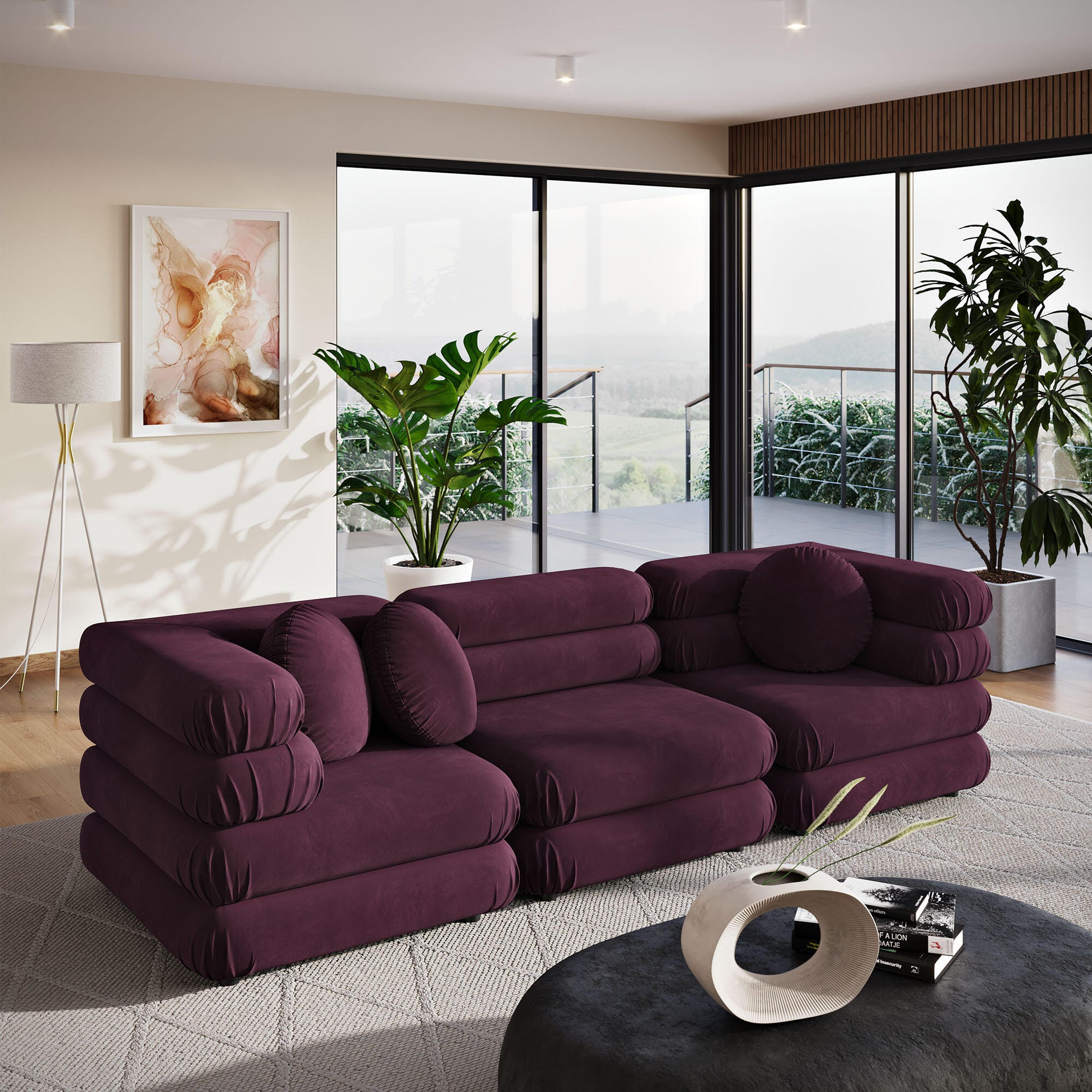Modway Jubilee 3 Piece Modular Sofa, Mulberry, rollover