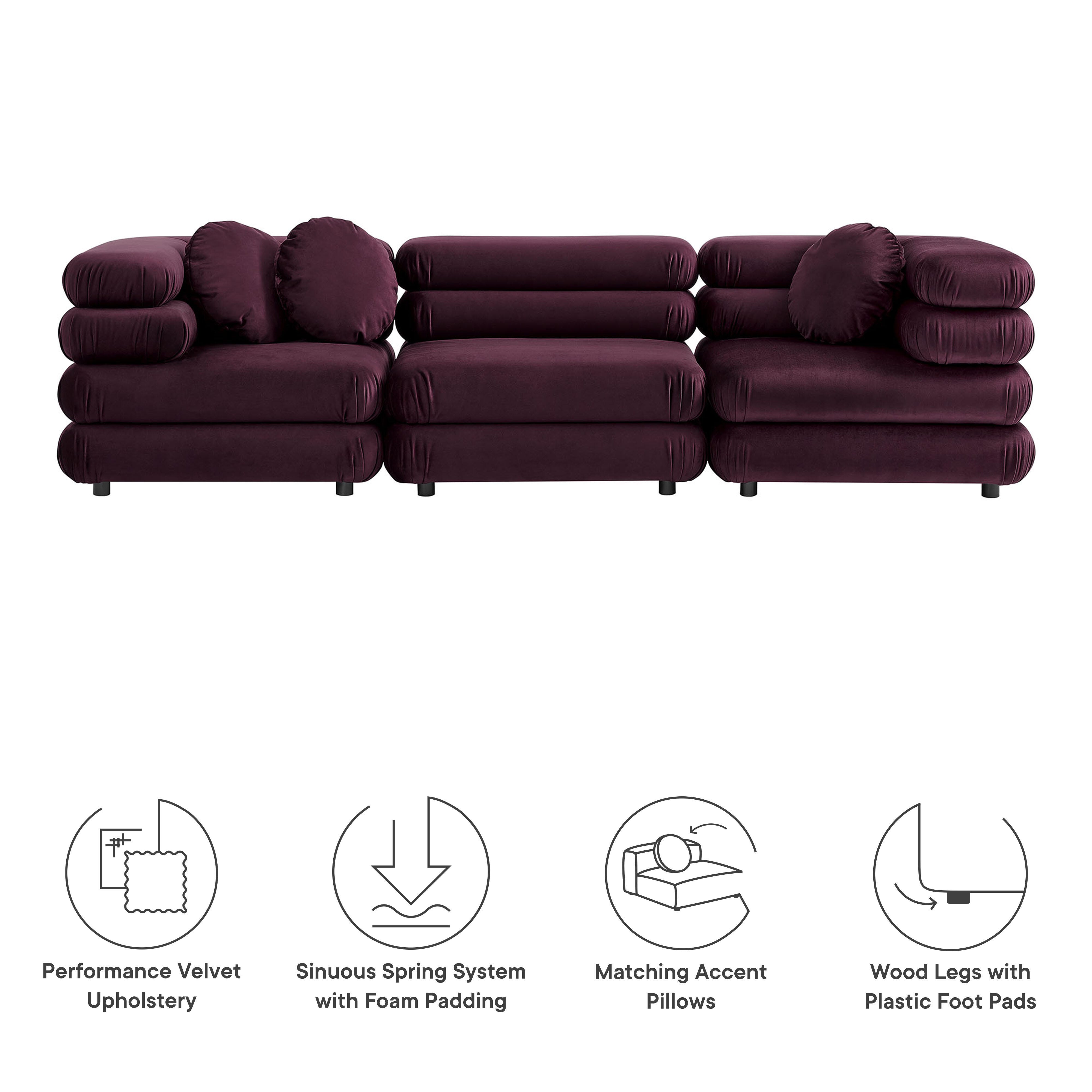 Modway Jubilee 3 Piece Modular Sofa, Mulberry, large