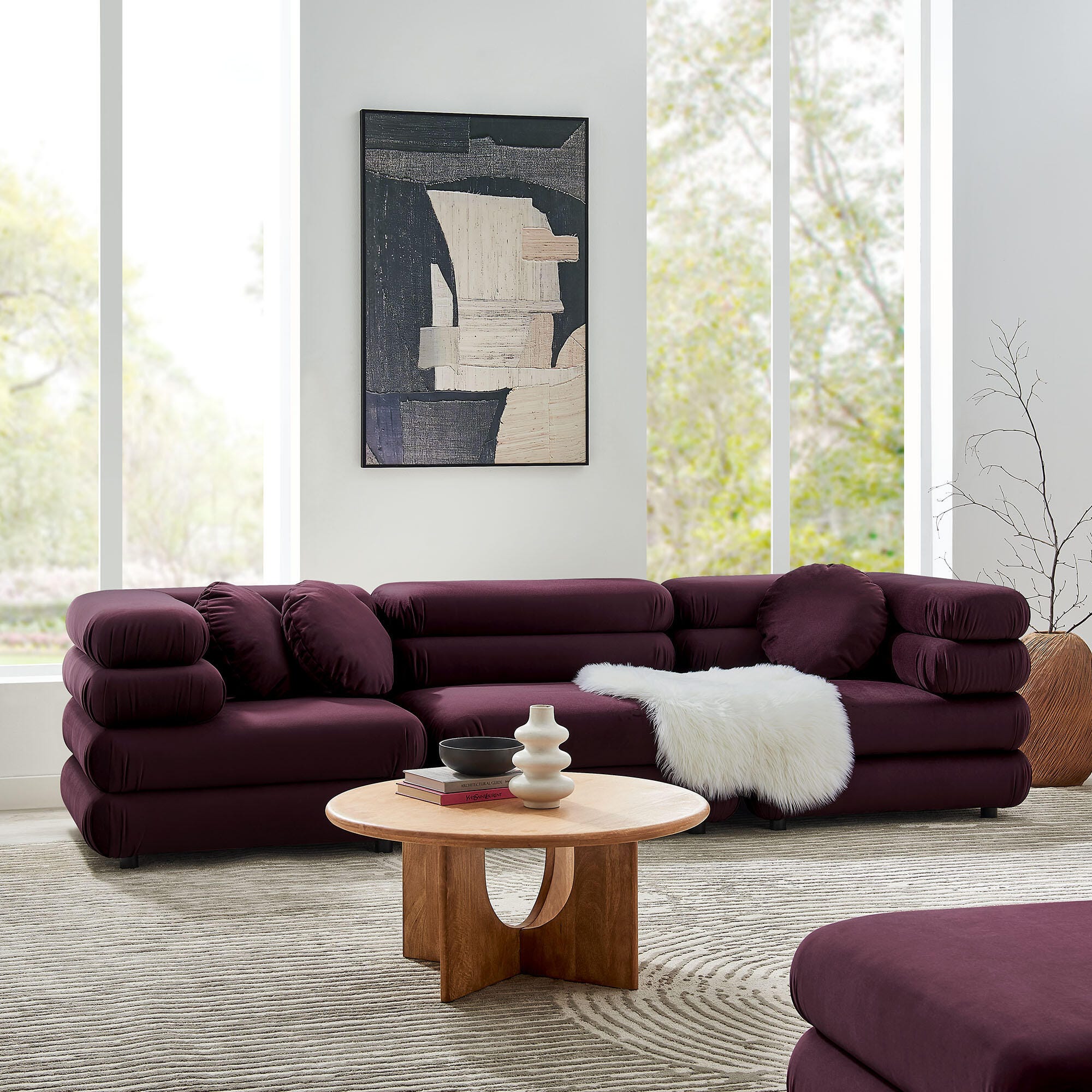 Modway Jubilee 3 Piece Modular Sofa, Mulberry, large