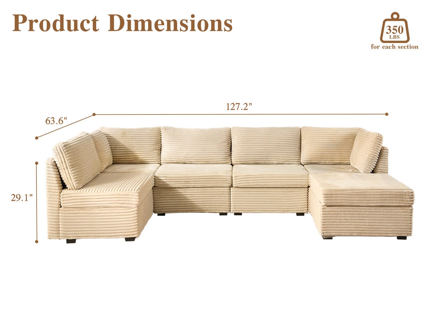 HOMLUX 5-Piece Modular Sectional Sofa with Ottoman, , large