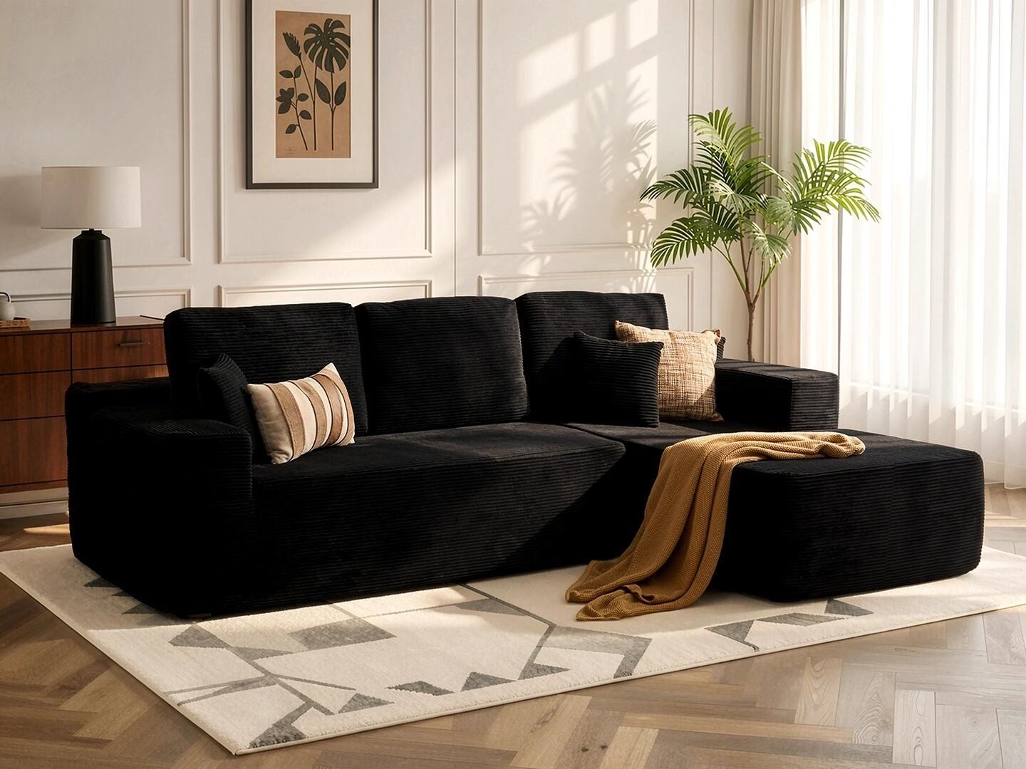 HOMLUX 3-Piece Modular Sofa Chaise, Black, rollover
