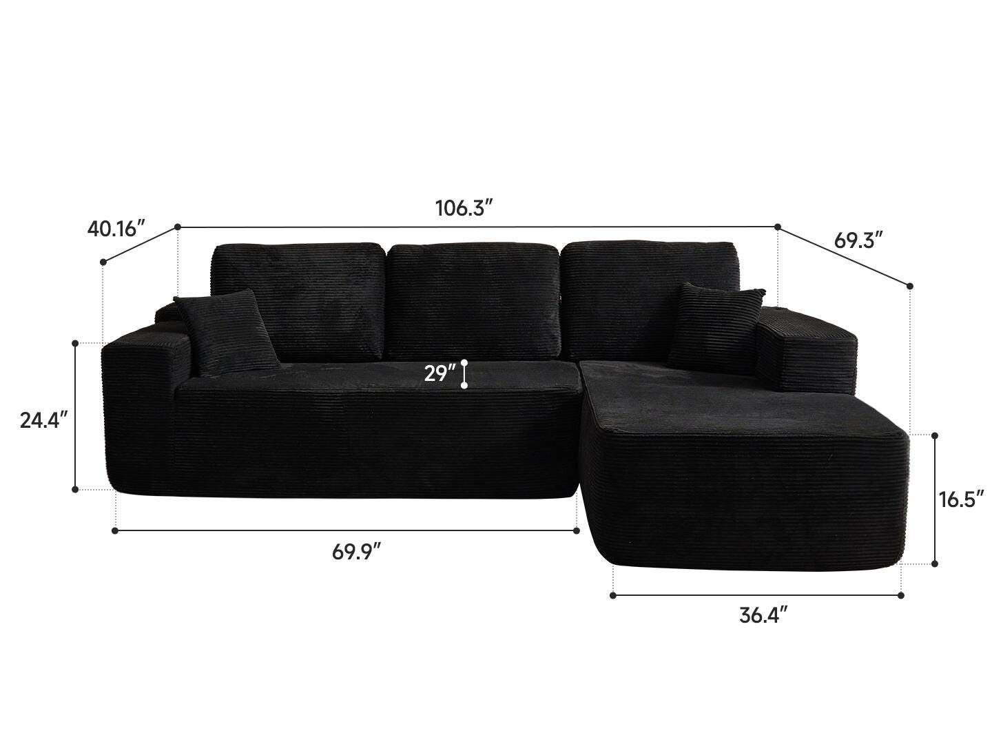 HOMLUX 3-Piece Modular Sofa Chaise, Black, large
