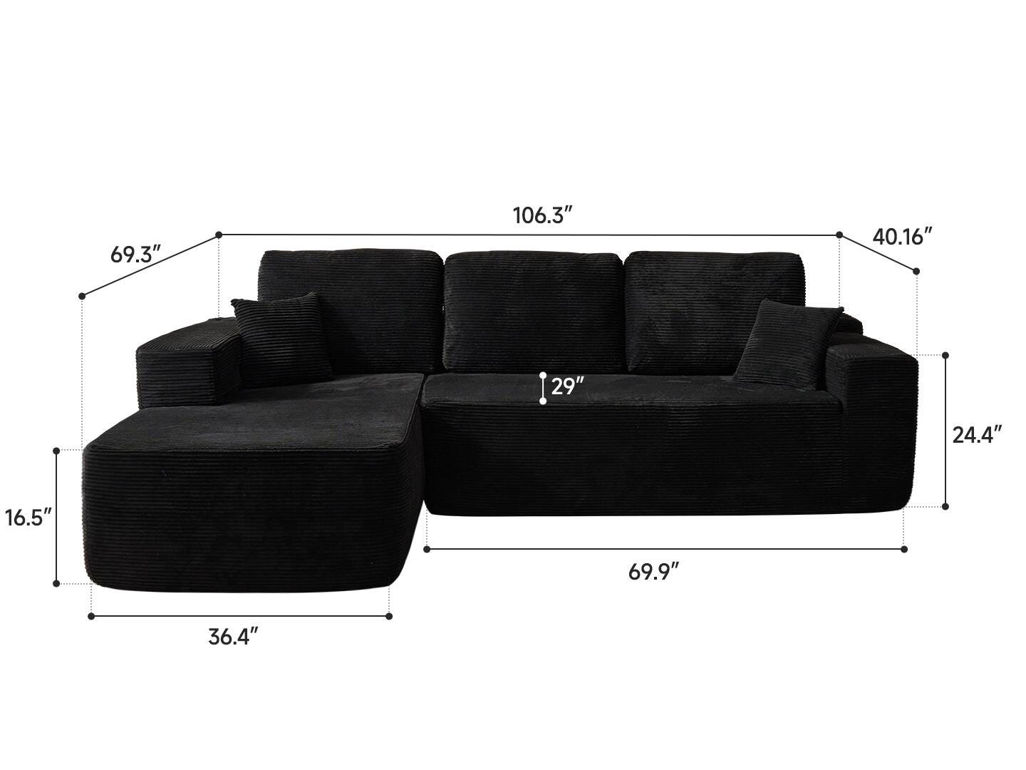 HOMLUX 3-Piece Modular Sofa Chaise, Black, large