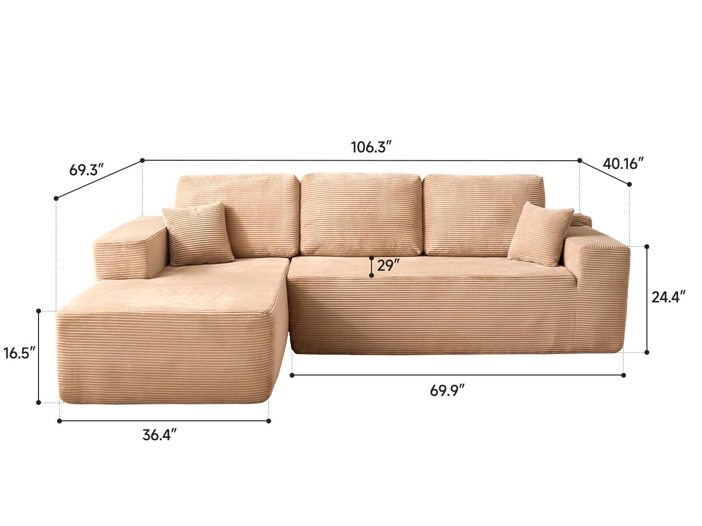 HOMLUX 3-Piece Modular Sofa Chaise, Camel, large