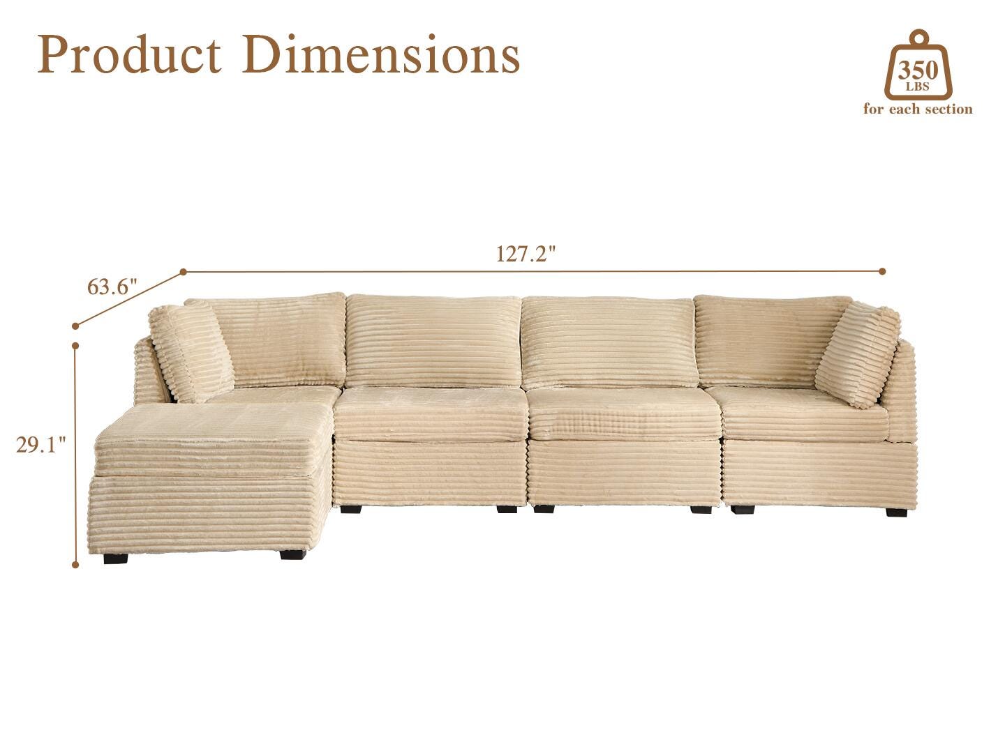 HOMLUX 4-Piece Modular Sectional with Ottoman, , large
