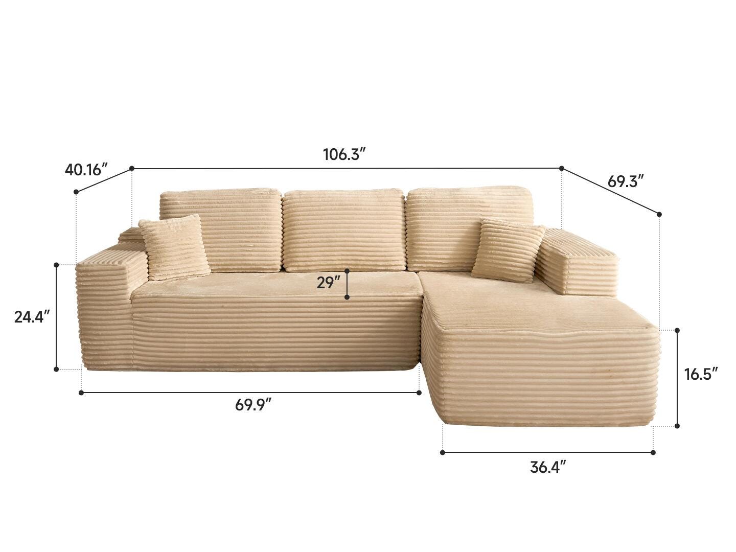 HOMLUX Cozy 3-Piece Modular Sofa Chaise, Beige, large
