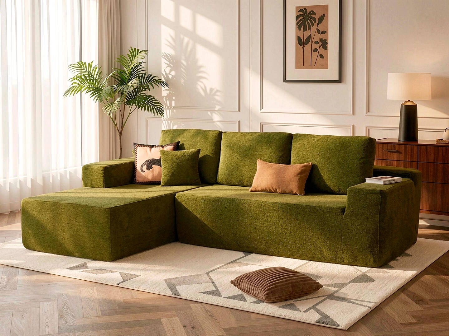 HOMLUX Textured 3-Piece Modular Sofa Chaise, Green, rollover