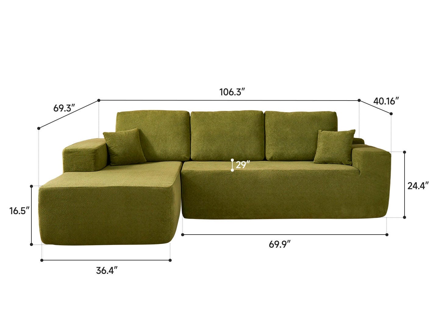 HOMLUX Textured 3-Piece Modular Sofa Chaise, Green, large