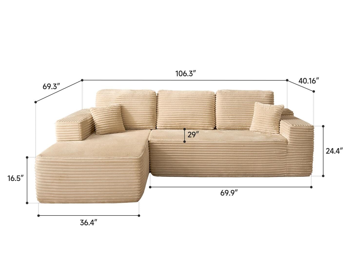 HOMLUX Cozy 3-Piece Modular Sofa Chaise, Beige, large