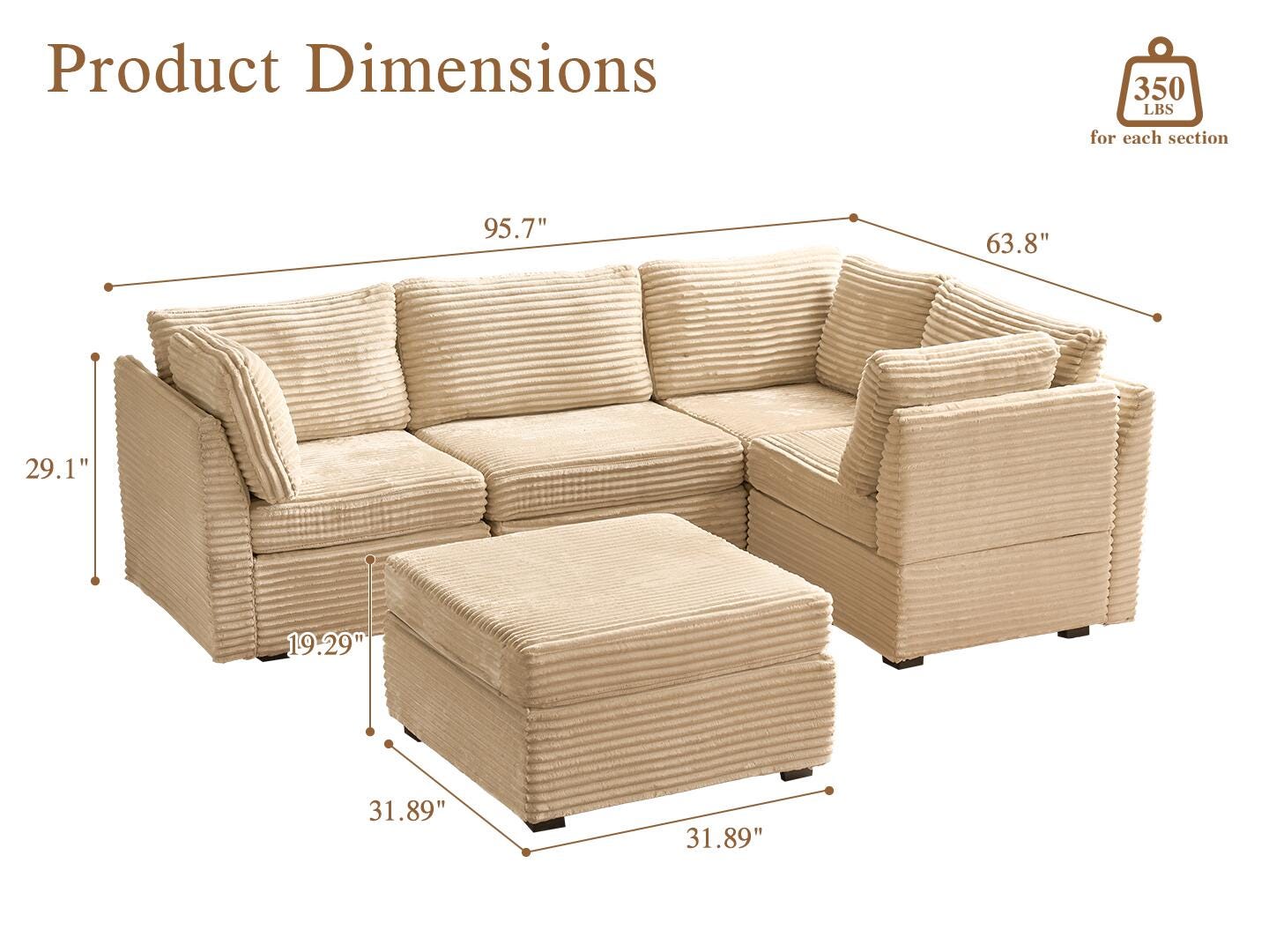 HOMLUX Aesthetic 5-Piece Modular Sectional Sofa Set, , large