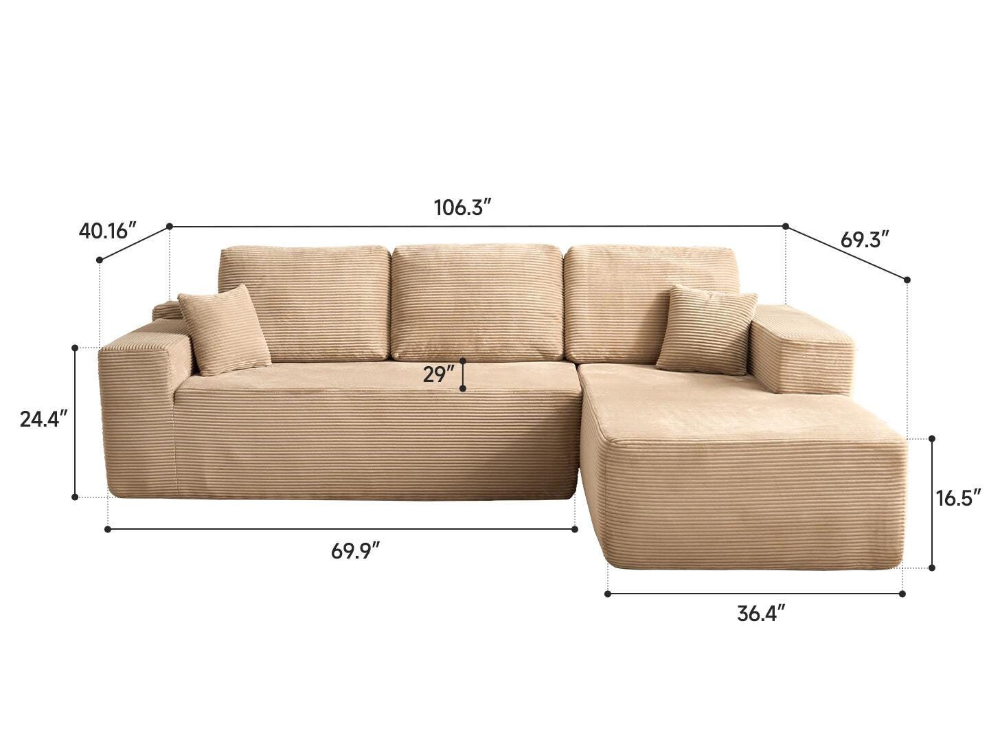 HOMLUX 3-Piece Modular Sofa Chaise, Camel, large