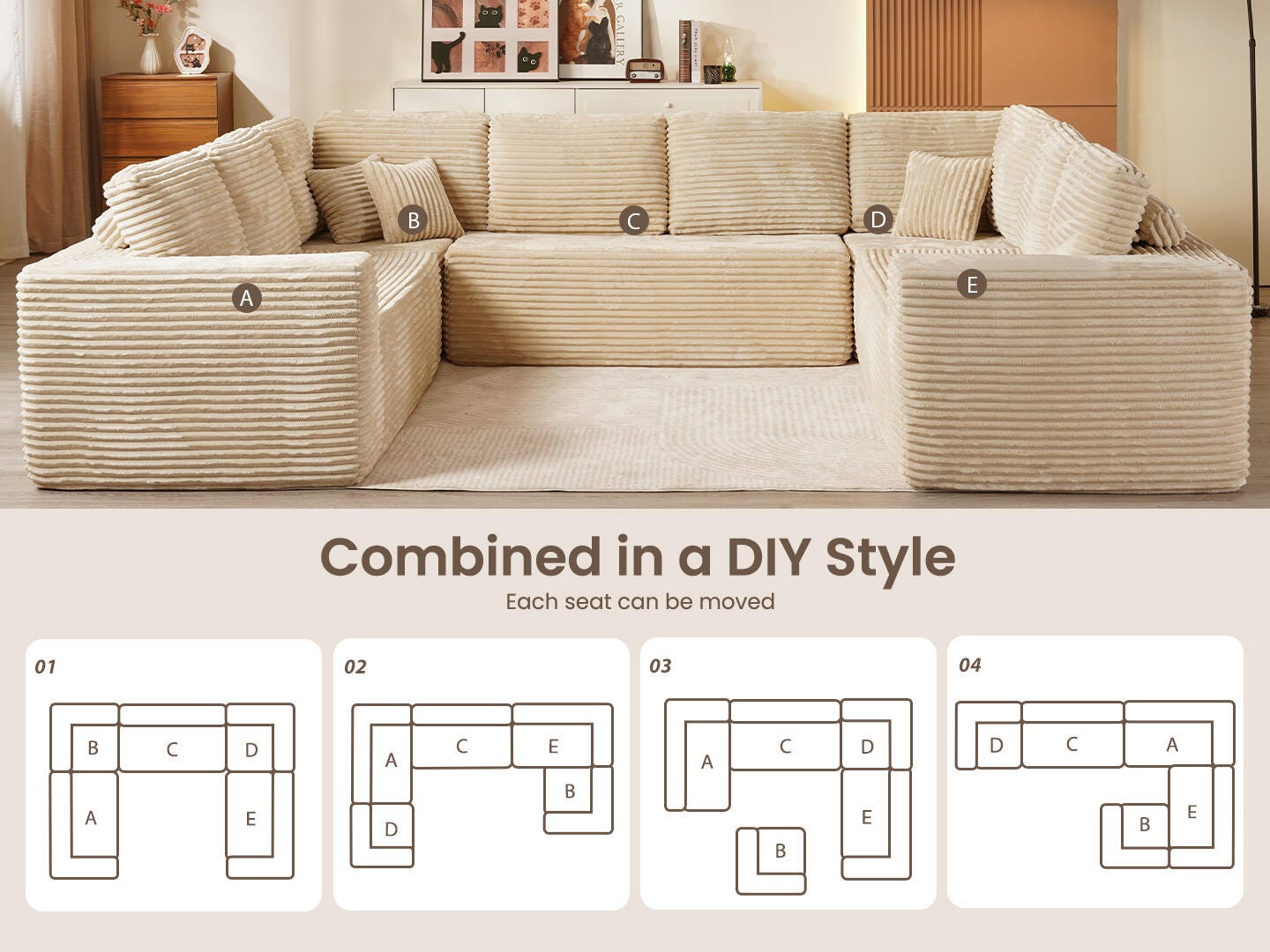 HOMLUX 5-Piece Modular U Shaped Sectional Sofa Set, , large