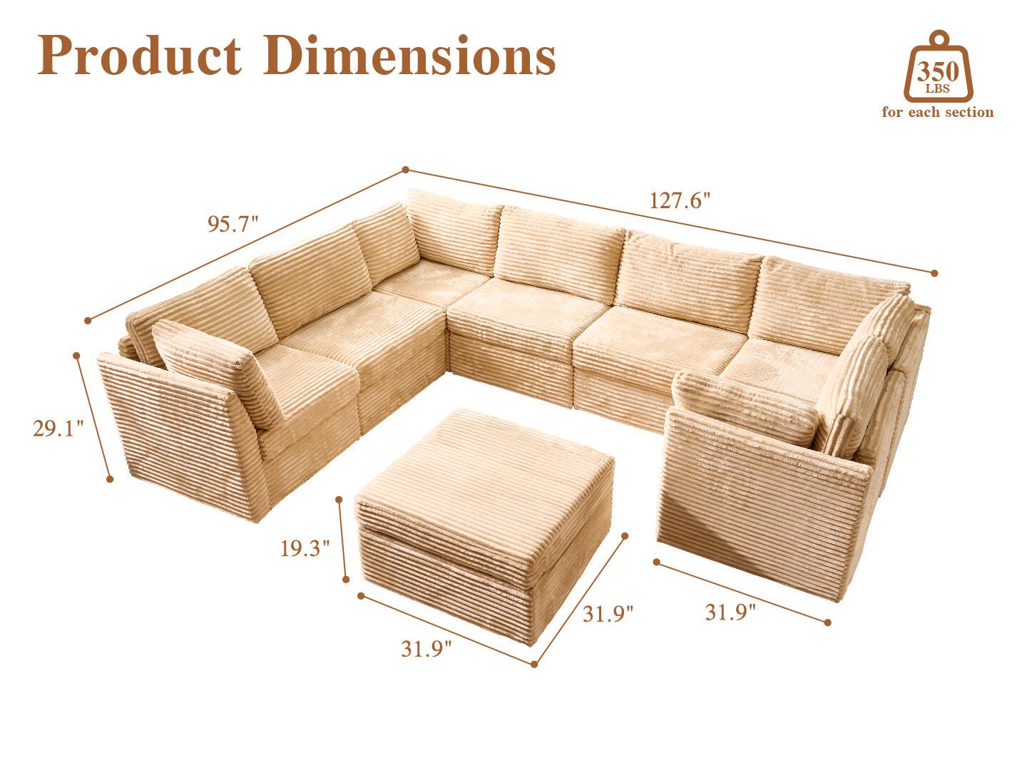 HOMLUX Solid 8-Piece Modual Sectional Sofa Set, , large
